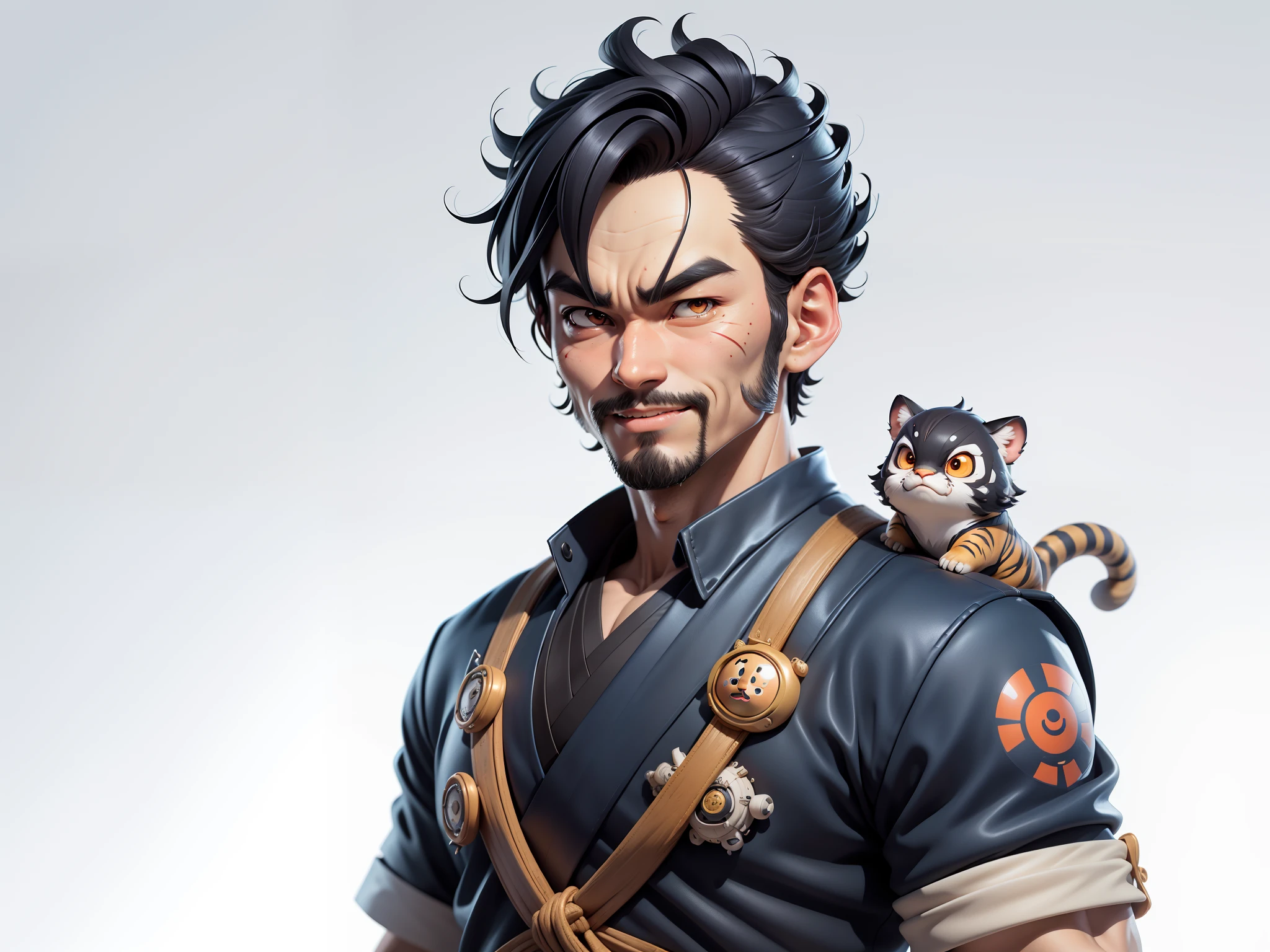 (Daisaku),(Need),(Super meticulous),(full bodyesbian:1.2),Super young man with Japanese geisha,Beautiful,orient,one tiger,Aeolian Thor,Raised sexy,爆乳,Oriental face,TV Anchor,Bust portrait illustration,In black suit,a blue tie,The face is slightly chubby,The face was clean,without a beard,Black super short hair,Black eyes,Smile confidently,3C computer sub-products,iPad, iphone,Digital painting,3D character design by Mark Clairen and Pixar and Hayao Miyazaki and Akira Toriyama,The illustration is a high-definition illustration in 4K resolution,With very detailed facial features and cartoon-style visuals。
