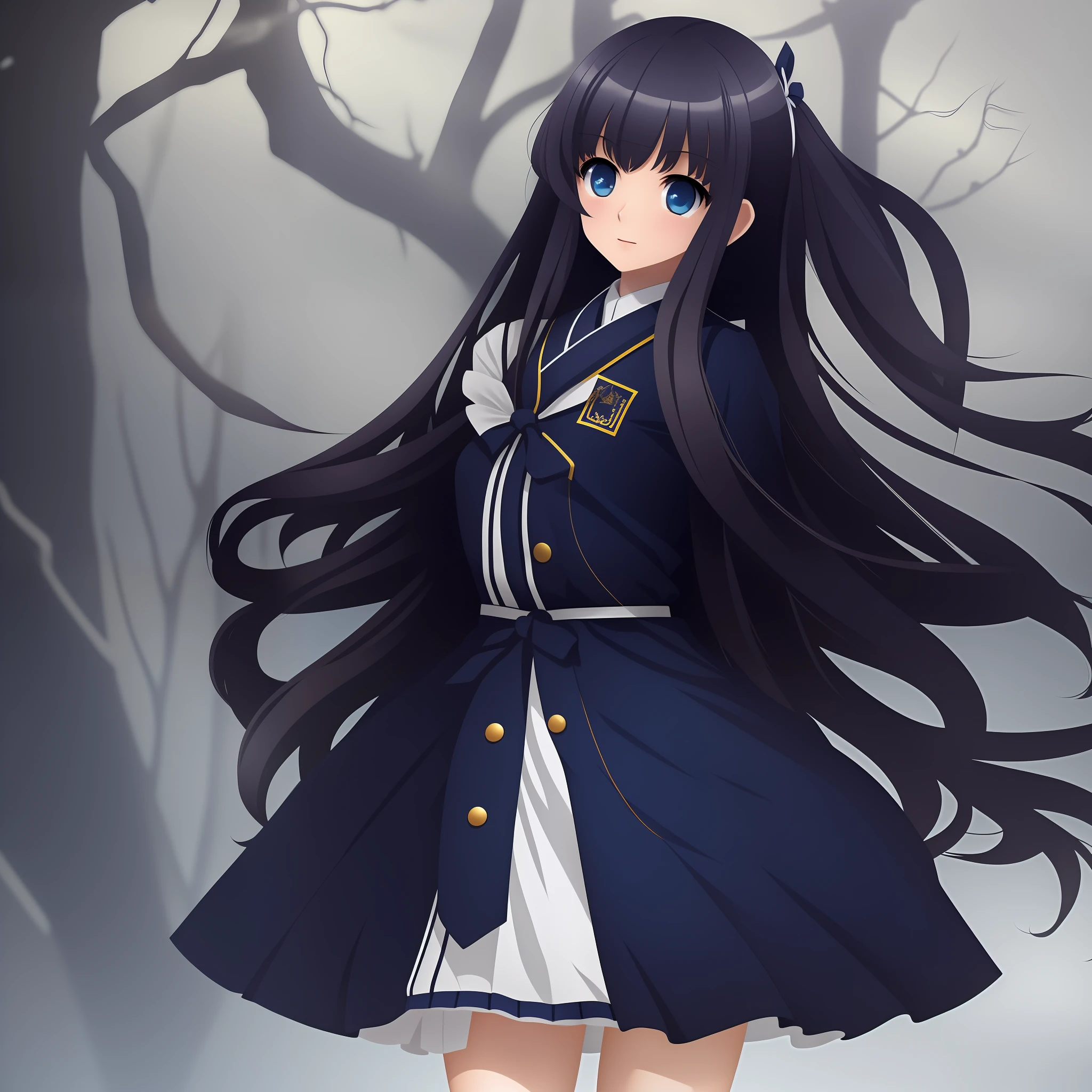 Isolated on white background、Imagine a standing statue in the game。The whole body is shown、It is a one-man position。Standing alone。In a novel game atmosphere、She is a long-haired schoolgirl with black hair, Neat and clean、Wearing a dark blue Japan uniform。Eyes are looking straight ahead。Create a bright atmosphere