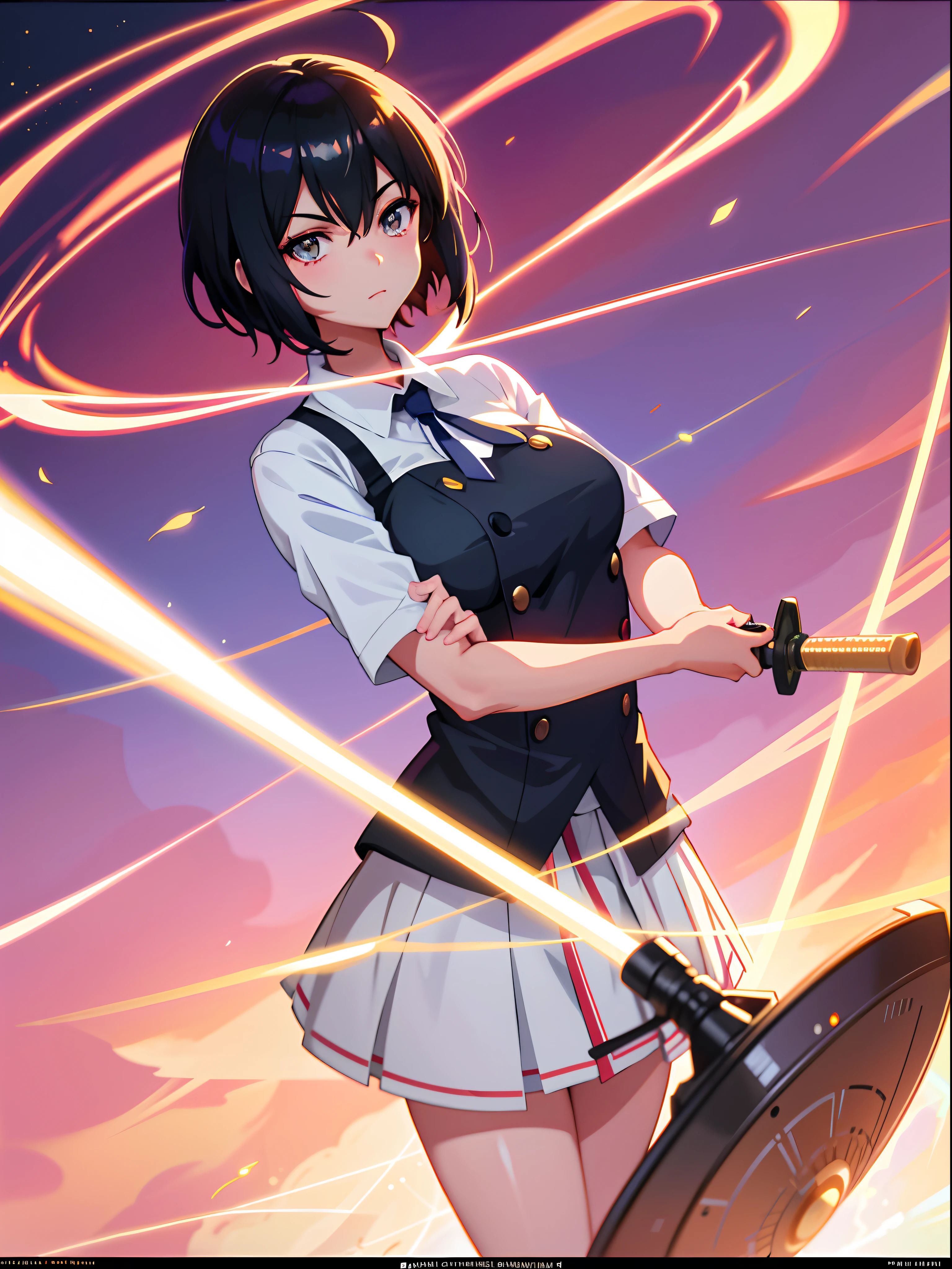 Beautiful girl with short black hair,(1 Various postures.9),(best qualtiy),ultra - detailed,Ultra photo realsisim,Octane renderer,HighDynamicRange,(hdr),32K resolution,Super resolution,megapixel,The Tyndall effect,lens flare glow,shadowing,Contre-Jour, depth of fields, natural lightting, hardfocus, filmgrain, Mirror light hologram,Ray traching,Semi-reflective illumination,Natural lighting,Incandescent Lamps,fiber-optics,gentle illumination,volumettic light,Contre-Jour,globalillumination,Ray traching,optics,Scattering,with light glowing,shadowing,Twinkle,glaring lights,Anime girl in uniform holding baseball bat in front of bright background, Anime moe art style, Artgerm and Atey Ghailan, style of anime4 K, Digital anime illustration, Kushatt Krenz Key Art Women, Kantai collection style, Makoto Shinkai Cyril Rolando, art-style : Ilya Kuvshinov, Official artwork