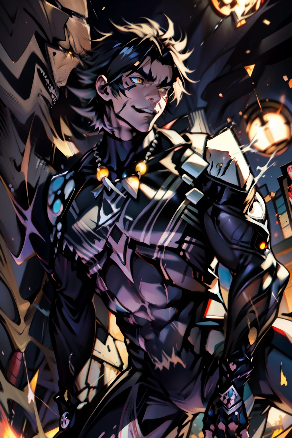 《the original god》Arataki Kazuto , male people, chest muscle, Sexy , Venom symbiote for your body, Black mucus of the body , into venom, venomize,Black bodysuit,(Cloak),Red cape,Abs,(Adult male)((Venom possession,venom symbiote)),over-Tortoise Man,Battle damage,((Masterpiece)), ((Best quality)), Ultra detailed,((illustration)), Dynamic Angle, Detailed light, (Delicate eyes), Floating, 1boy, Male focus, Head, Clothing, Yellow eyes, necklace, tattoo, (Forehead:0.8), (ahoge:0.8), jewelry, brunette color hair,apathy,Ray, chest muscle, Sexy , Venom symbiote for your body, Black mucus of the body , (into venom), Venom,frontage,Bust photo,White tight-fitting top,spiderman outfit,style of anime4 K, 4K anime wallpaper, Badass anime 8 K, 4 k comic wallpaper, young anime man, Anime boys, Anime wallpapers 4 k, Anime wallpaper 4K, High quality anime art style, Anime moe art style, Anime art wallpaper 8 K, Anime art wallpaper 4 K, RGB lighting,