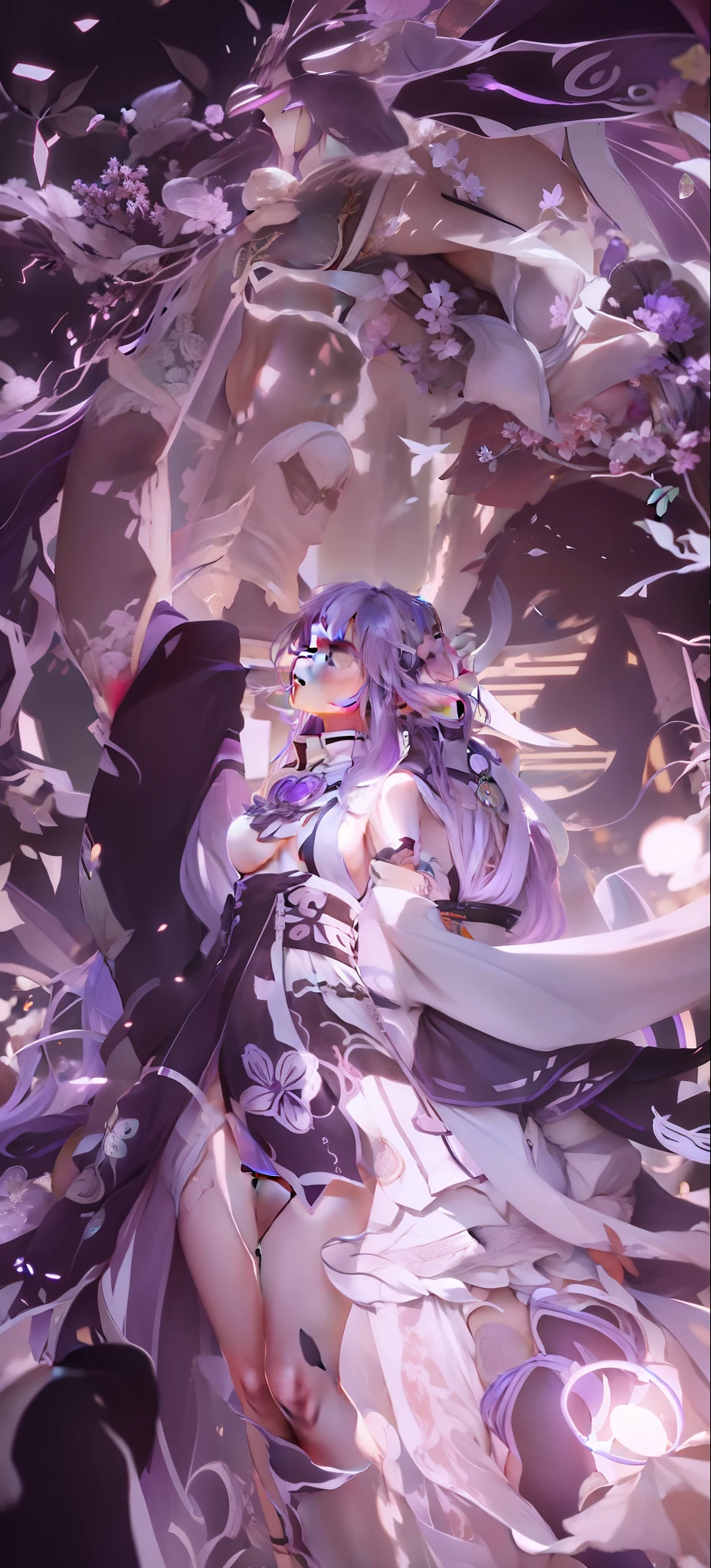 femele, younger female, Asian people, White skin of the, Smooth and delicate skin, glowing light eyes, Keep your mouth shut , Expose your ears, face expressionless, With his eyes closed, long whitr hair, Purple hair big breasts, pigtails, komono, over knee socks, Expose the collarbone, Beautiful long neck, Bumpy figure, Barefoot, full bodyesbian, head looking up, are standing, downy, high saturated, softlighting, Background bokeh,Raiden general