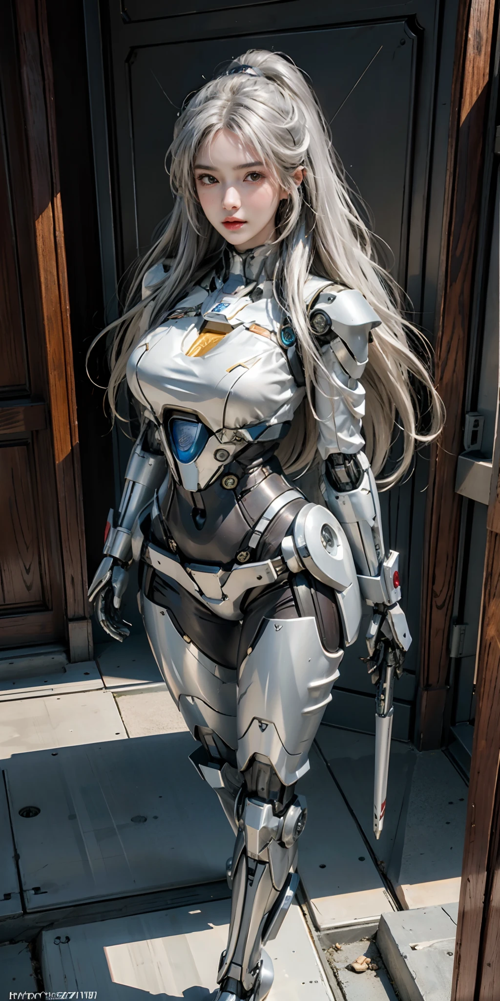 photorealistic, high resolution, soft light,1women, solo, hips up, (detailed face), long hair, mecha musume, mechanical parts, robot joints, full robot body