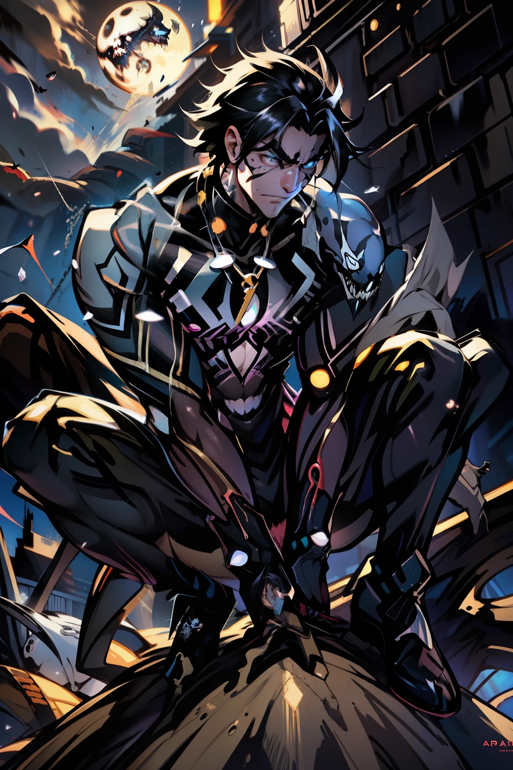 《the original god》Arataki Kazuto , male people, chest muscle, Sexy , Venom symbiote for your body, Black mucus of the body , into venom, venomize,Black bodysuit,(Cloak),Red cape,Abs,(Adult male)((Venom possession,venom symbiote)),over-Tortoise Man,Battle damage,((Masterpiece)), ((Best quality)), Ultra detailed,((illustration)), Dynamic Angle, Detailed light, (Delicate eyes), Floating, 1boy, Male focus, Head, Clothing, Yellow eyes, necklace, tattoo, (Forehead:0.8), (ahoge:0.8), jewelry, brunette color hair,apathy,Ray, chest muscle, Sexy , Venom symbiote for your body, Black mucus of the body , (into venom), Venom,frontage,Bust photo,White tight-fitting top,spiderman outfit,style of anime4 K, 4K anime wallpaper, Badass anime 8 K, 4 k comic wallpaper, young anime man, Anime boys, Anime wallpapers 4 k, Anime wallpaper 4K, High quality anime art style, Anime moe art style, Anime art wallpaper 8 K, Anime art wallpaper 4 K, RGB lighting,