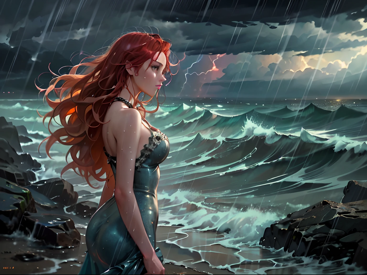 arafed high details, best quality, 8k, [ultra detailed], masterpiece, best quality, (extremely detailed), dynamic angle, ultra wide shot, photorealistic, a picture of a very beautiful woman standing at the beach watching the stormy sea with  waves (intense details, Masterpiece, best quality: 1.5) , during a rain storm (intense details, Masterpiece, best quality: 1.5), a very beautiful woman (intense details, Masterpiece, best quality: 1.6), red headed woman (intense details, Masterpiece, best quality: 1.5), wearing black dress (intense details, Masterpiece, best quality: 1.5), bare feet,  ultra detailed face (intense details, Masterpiece, best quality: 1.6), dynamic eyes, long hair, wavy hair, standing at the beach  during a rain storm (intense details, Masterpiece, best quality: 1.5), rain clouds, rain (intense details, Masterpiece, best quality: 1.5), stormy sea background,