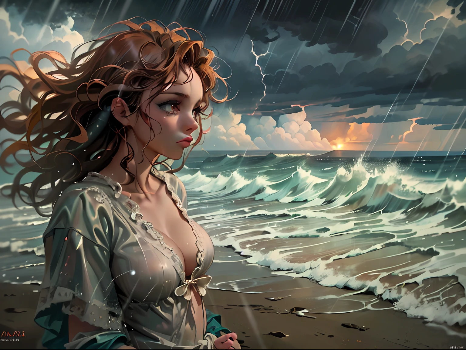 arafed high details, best quality, 8k, [ultra detailed], masterpiece, best quality, (extremely detailed), dynamic angle, ultra wide shot, photorealistic, a picture of a very beautiful woman standing at the beach watching the stormy sea with  waves (intense details, Masterpiece, best quality: 1.5) , during a rain storm (intense details, Masterpiece, best quality: 1.5), a very beautiful woman (intense details, Masterpiece, best quality: 1.6), red headed woman (intense details, Masterpiece, best quality: 1.5), wearing black dress (intense details, Masterpiece, best quality: 1.5), bare feet,  ultra detailed face (intense details, Masterpiece, best quality: 1.6), dynamic eyes, long hair, wavy hair, standing at the beach  during a rain storm (intense details, Masterpiece, best quality: 1.5), rain clouds, rain (intense details, Masterpiece, best quality: 1.5), stormy sea background,