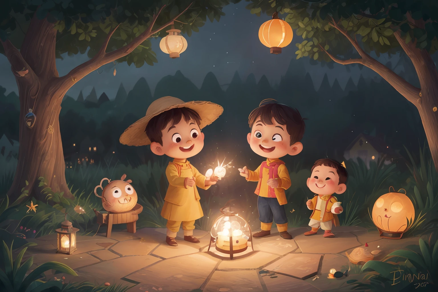 The painting depicts a warm and colorful scene, creating the excitement and joy of the Mid-Autumn Festival. In the picture, a small boy wears a traditional Ao Dai, a conical hat and holds a shimmering lantern in his hand.
The boy with a bright smile, big round eyes beaming with happiness, is focused and eager to light a fire to light the lantern. The boy's lantern features a unique design with traditional motifs and an array of stained glass in the front, causing the candlelight inside to emit warm light and vibrant colors.
In the background of the painting, there is a dark sky and in the night with twinkling stars and a bright full moon. The light from the lantern and the moonlight combine to create a soft light bulb, highlighting the boy's cuteness and the traditional beauty of the festival.
Around the boy and the lanterns are other interesting images of the Mid-Autumn Festival: lanterns hanging from trees, images of stars and small clouds delicately drawn against the background of the sky. The landscape is filled with color and joy, sharing the spirit of solidarity and happiness during this holiday.
Overall, the painting creates an interesting and warm feeling, drawing viewers into the space of the Mid-Autumn Festival, with the innocent soul and childlike joy of the boy holding the lantern.