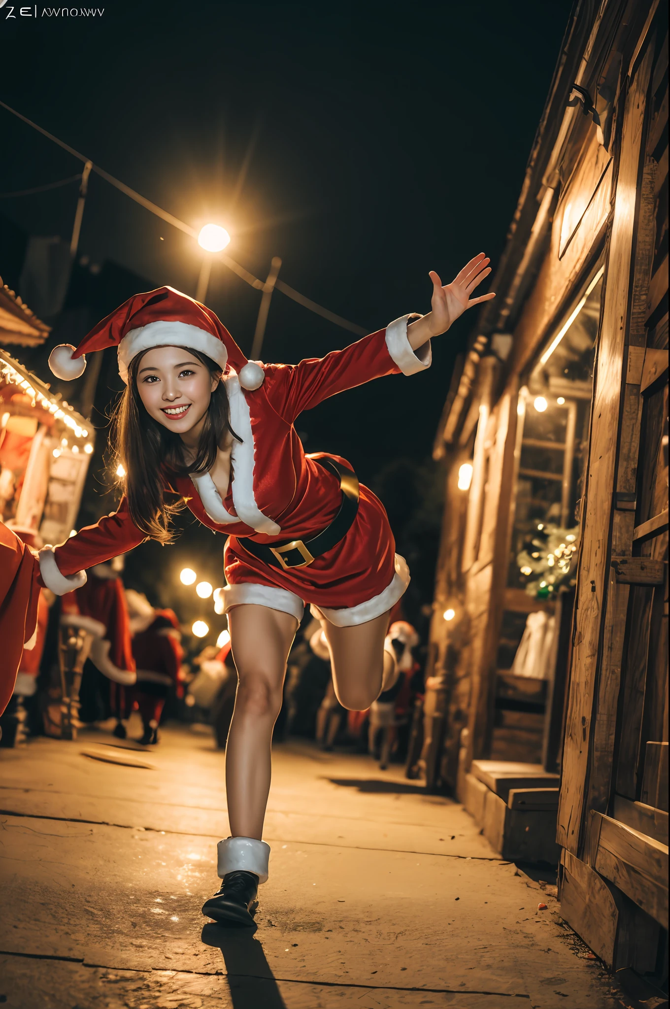 (((santa claus costume))),(((running))),(((view full body))),(((Photographing a girl from an angle))),ulzzang-6500-v1.1, (Raw photo:1.2), (Photo realistic:1.4), a beautiful detailed girl, extremely detailed eye and face, beautiful detailed eyes, ultra-detailed, High resolution, top-quality, ​masterpiece, highly detailed, 8k wallpaper, Wonderful, finely detail, top-quality, Light on the face,电影灯光,1girl in,(Christmas market in Stuttgart),Beautiful eyes,smile,Opening Mouth