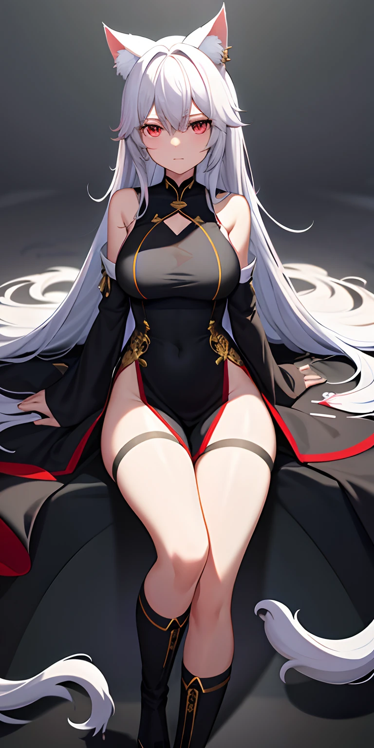 tmasterpiece,Best quality,1个Giant Breast Girl,独奏,looking at viewert,Keep one's mouth shut,mitts,shift dresses,black glove,Separate the sleeves,tmasterpiece, best qualtiy, high high quality, absurderes, Good lighting, Ray traching, depth of fields, ultra - detailed, illustratio, astounding, finedetail, The is very detailed, A high resolution, Medium Shot Shot, Static mirroring stream,red color eyes,Holding a black long sword,1girll, 独奏, long whitr hair, looking at viewert, By bangs, mitts, shift dresses, jewely,Poor milk,The legs are slender, long whitr hair, greyt hair, standing on your feet, 耳Nipple Ring, Boots, black glove, shift dresses, Chinese outfit, porcelain,elegant gown, hair stick, Separate the sleeves, hair adornments,White cat ears ,Vulnerable girls,Noble and proud, exteriors, Lakeside in the moonlight,She has two kittens by her side