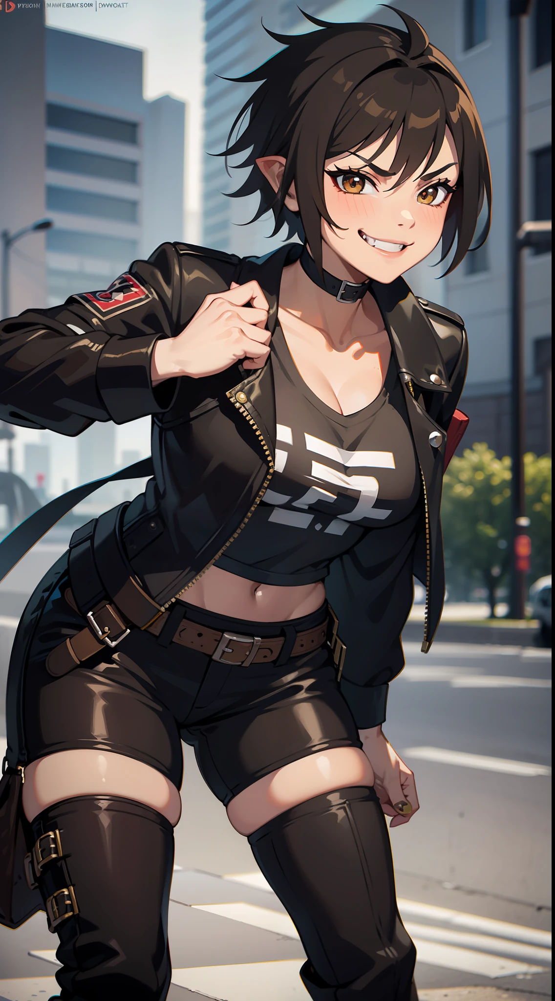 Adult woman, Orc fangs, short brown hair, Punk hairstyle, Brown eyes, ciberpunk, The Monk of Street Fighting, brawn, smirk, Masterpiece, hiquality