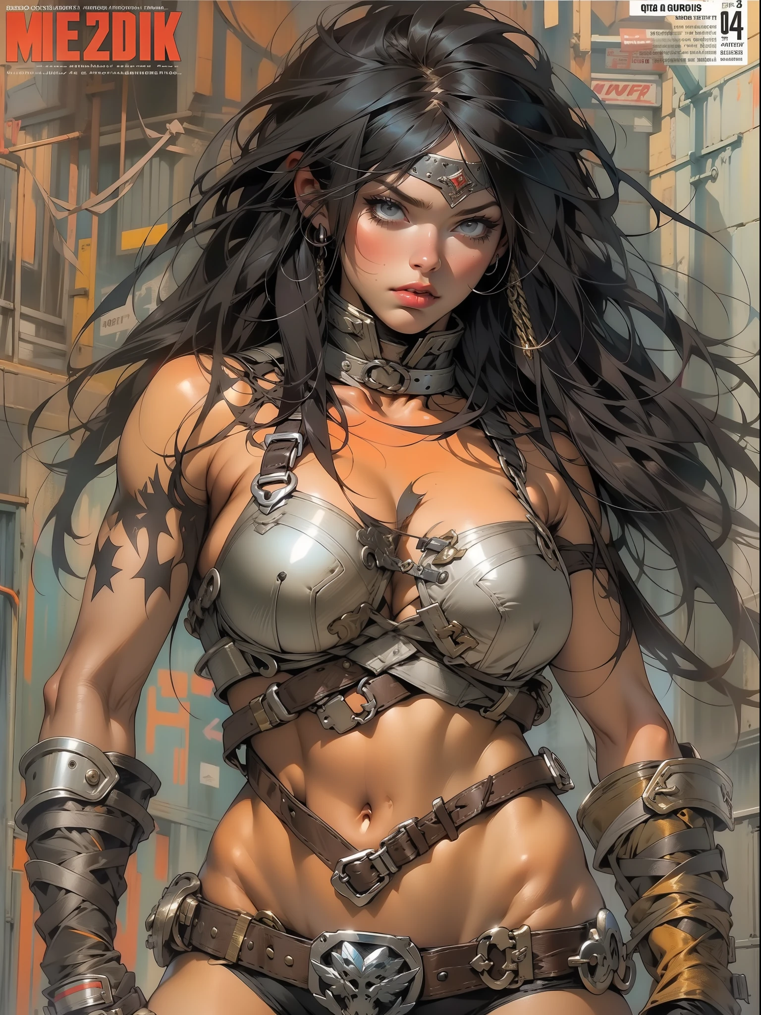 close de uma guerreira mulher de 35 anos musculosa quase nua no estilo Simon Bisley para a capa da revista Heavy Metal, cabelo metade preto metade branco, Minimum clothing, Roupas curtas, (((mulher))), (((melhor qualidade))), (((obra prima))), (((adulta))), Uma guerreira mulher de 35 anos com corpo perfeito, Brooklyn Gladiators, hand with steel gloves and metal tips, (( under boobs )), (( Tiny thong )), quase nua no estilo selvagem urbano de Simon Bisley para a capa da revista 2000 A.D., cabelo curto desalinhado, Minimum clothing, arm with heavy metal protection full of tips, tatuagem tribal, estrelas de 5 pontas, (((corpo inteiro))), cabelo preto curto com franja branca cobrindo a testa