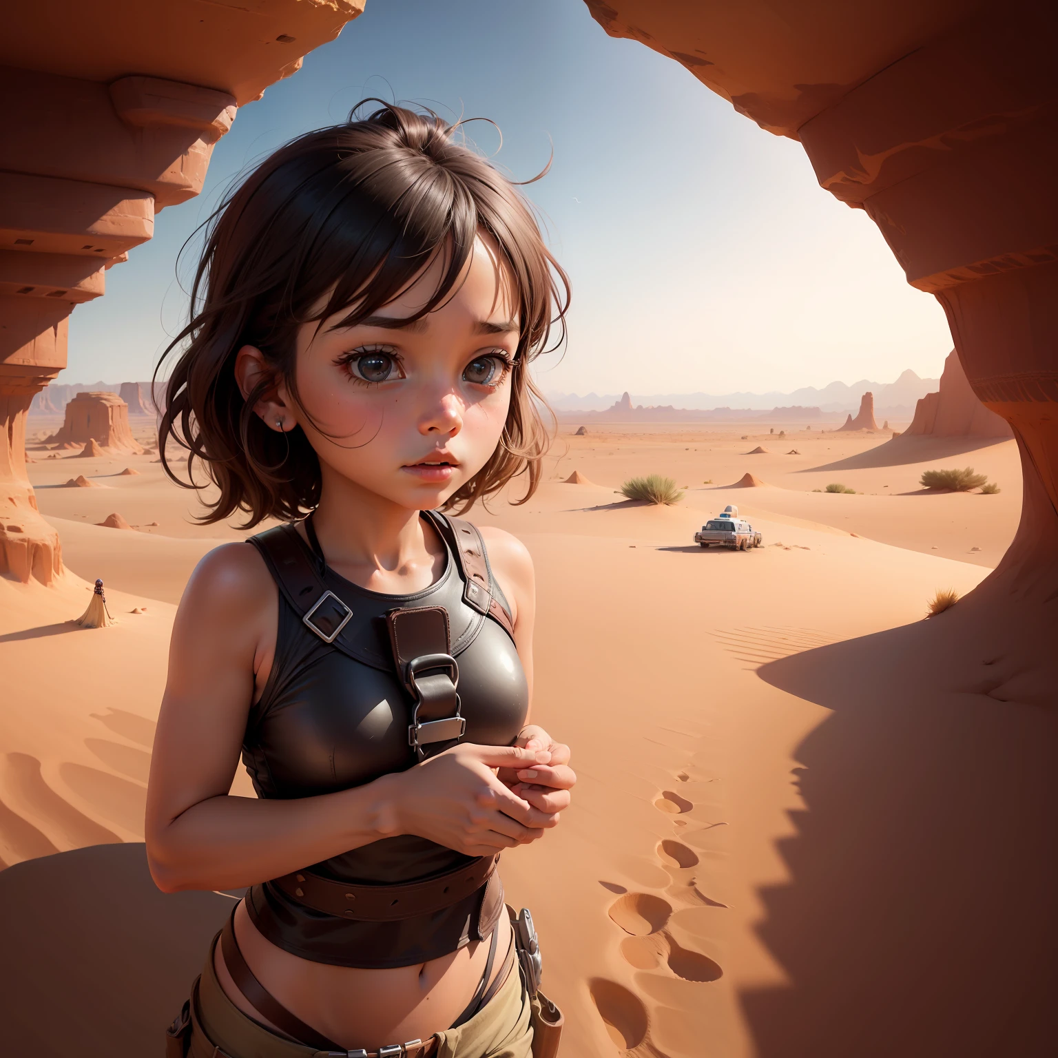 /imagine, One day, she lost her way and landed in a distant desert, cartoon style,
