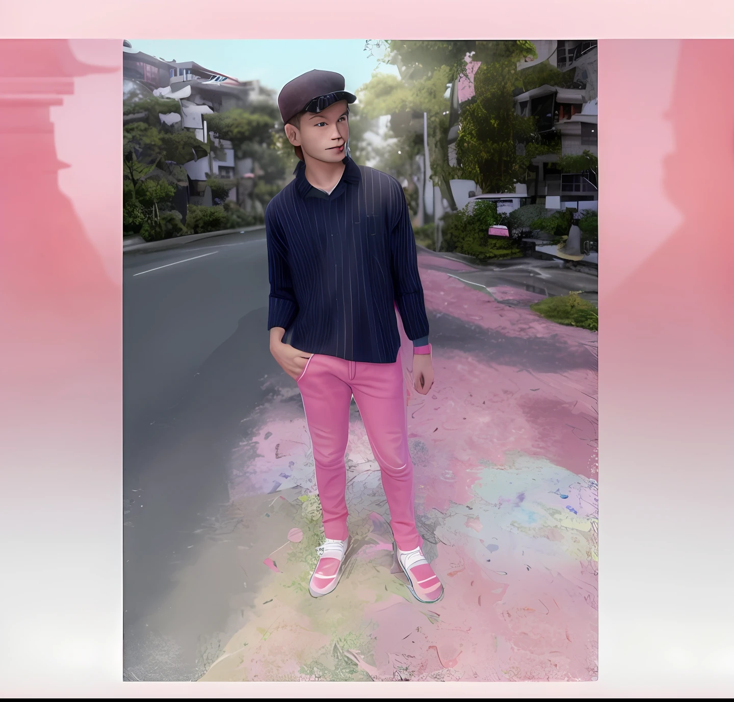 3d, 1boy, looking at viewer, cute, pink clothes, tongue out, tokyo, neons, blue eyes, mullet, finger rings, fuzzy clothes, 8k, best defenição, clothes without print, hands in pockets, clothes without symbols, clothes without images