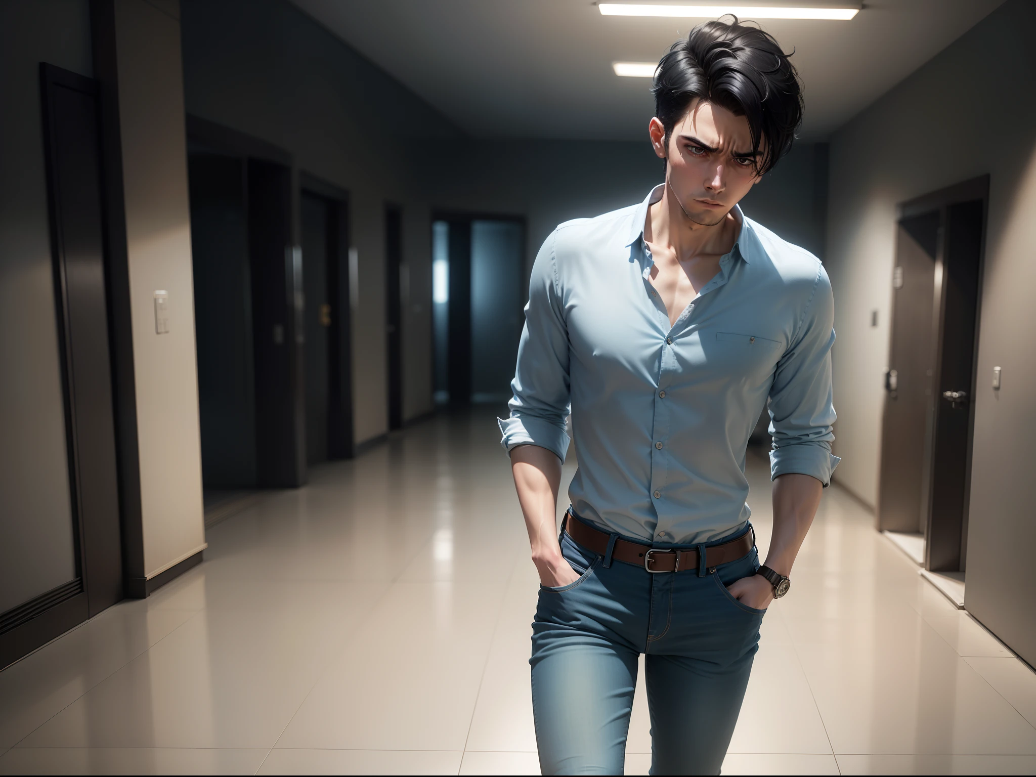 Ultra-realistic 8k image of a slim 25-year-old man, short black hair, dressed in a light blue blouse and jeans, expression of anguish, walking on an empty floor