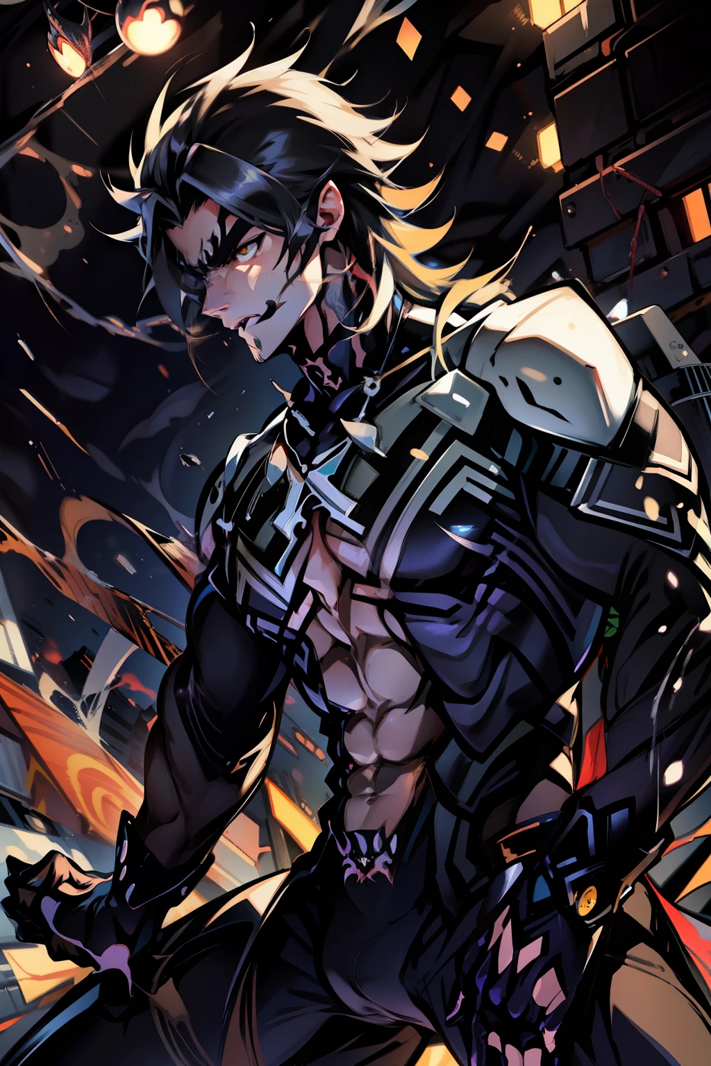 《the original god》Arataki Kazuto , male people, chest muscle, Sexy , Venom symbiote for your body, Black mucus of the body , into venom, venomize,Black bodysuit,(Cloak),Red cape,Abs,(Adult male)((Venom possession,venom symbiote)),over-Tortoise Man,Battle damage,((Masterpiece)), ((Best quality)), Ultra detailed,((illustration)), Dynamic Angle, Detailed light, (Delicate eyes), Floating, 1boy, Male focus, Head, Clothing, Yellow eyes, necklace, tattoo, (Forehead:0.8), (ahoge:0.8), jewelry, brunette color hair,apathy,Ray, chest muscle, Sexy , Venom symbiote for your body, Black mucus of the body , (into venom), Venom,frontage,Bust photo,White tight-fitting top,spiderman outfit,style of anime4 K, 4K anime wallpaper, Badass anime 8 K, 4 k comic wallpaper, young anime man, Anime boys, Anime wallpapers 4 k, Anime wallpaper 4K, High quality anime art style, Anime moe art style, Anime art wallpaper 8 K, Anime art wallpaper 4 K, RGB lighting,