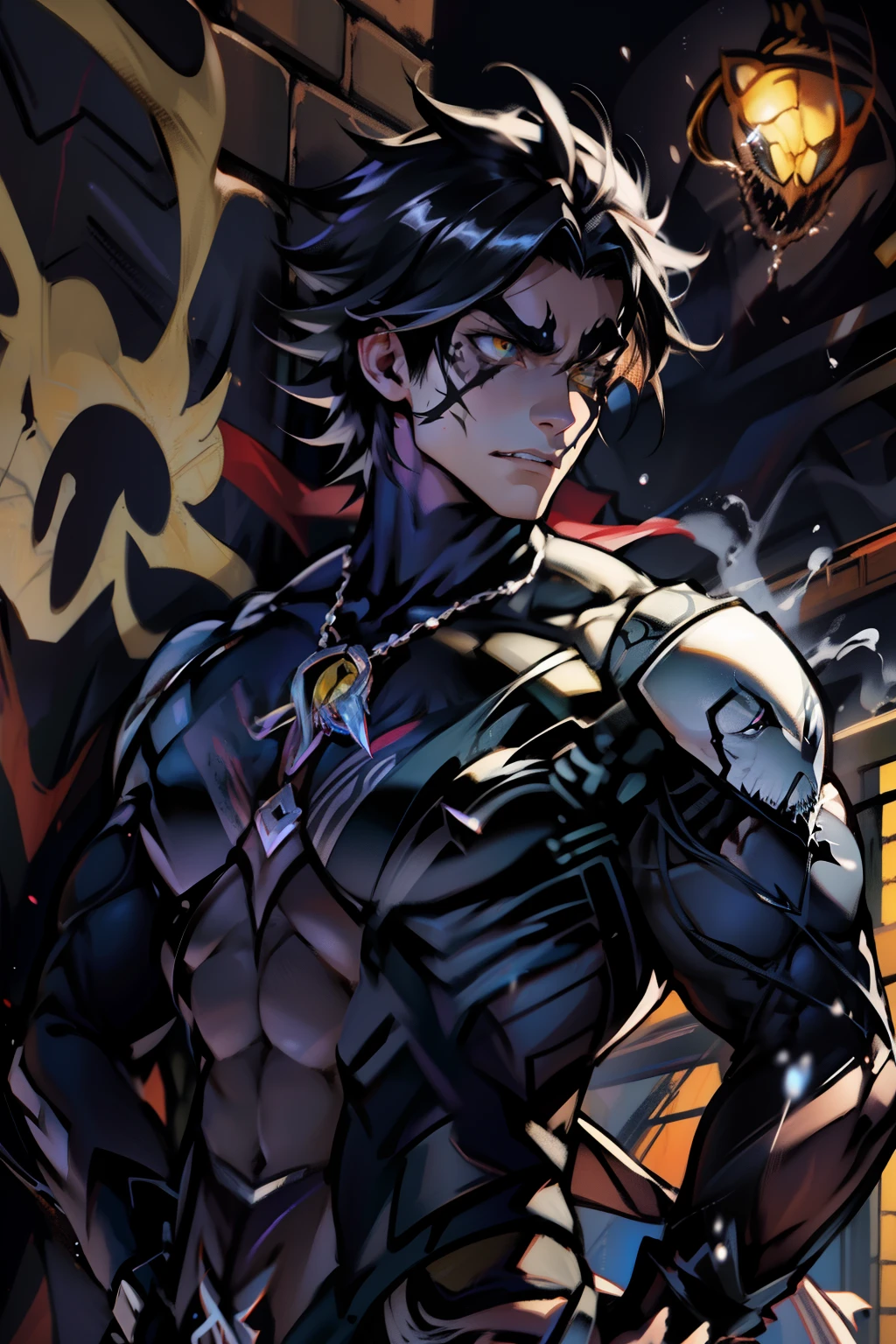 《the original god》Arataki Kazuto , male people, chest muscle, Sexy , Venom symbiote for your body, Black mucus of the body , into venom, venomize,Black bodysuit,(Cloak),Red cape,Abs,(Adult male)((Venom possession,venom symbiote)),over-Tortoise Man,Battle damage,((Masterpiece)), ((Best quality)), Ultra detailed,((illustration)), Dynamic Angle, Detailed light, (Delicate eyes), Floating, 1boy, Male focus, Head, Clothing, Yellow eyes, necklace, tattoo, (Forehead:0.8), (ahoge:0.8), jewelry, brunette color hair,apathy,Ray, chest muscle, Sexy , Venom symbiote for your body, Black mucus of the body , (into venom), Venom,frontage,Bust photo,White tight-fitting top,spiderman outfit,style of anime4 K, 4K anime wallpaper, Badass anime 8 K, 4 k comic wallpaper, young anime man, Anime boys, Anime wallpapers 4 k, Anime wallpaper 4K, High quality anime art style, Anime moe art style, Anime art wallpaper 8 K, Anime art wallpaper 4 K, RGB lighting,