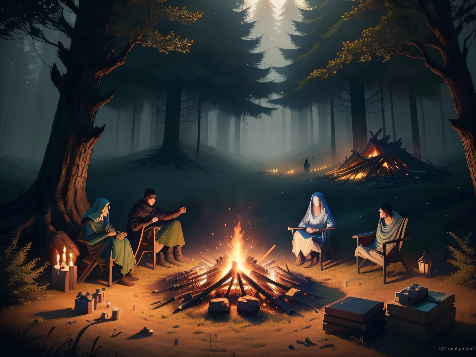People sitting around a campfire in a forest at night, arte conceitual relaxante, em uma fogueira na floresta, Fundo da fogueira, arte conceitual do jogo indie, arte conceitual estilizada, Game Illustration, Papel de parede aconchegante, eerie nostalgic concept art, fogueira, arte do jogo de RPG, arte de fundo, arte conceitual para um videogame, pintado como uma arte conceitual de jogo, on a bonfire at night