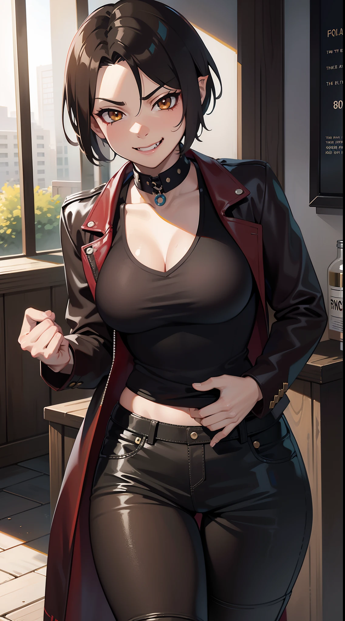 Adult woman, Orc fangs, short brown hair, Punk hairstyle, Brown eyes, ciberpunk, The Monk of Street Fighting, brawn, smirk, Masterpiece, hiquality