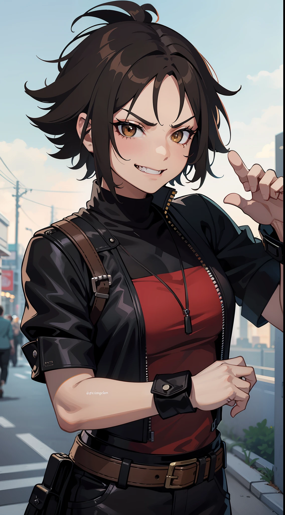 Adult woman, Orc fangs, short brown hair, Punk hairstyle, Brown eyes, ciberpunk, The Monk of Street Fighting, brawn, smirk, Masterpiece, hiquality