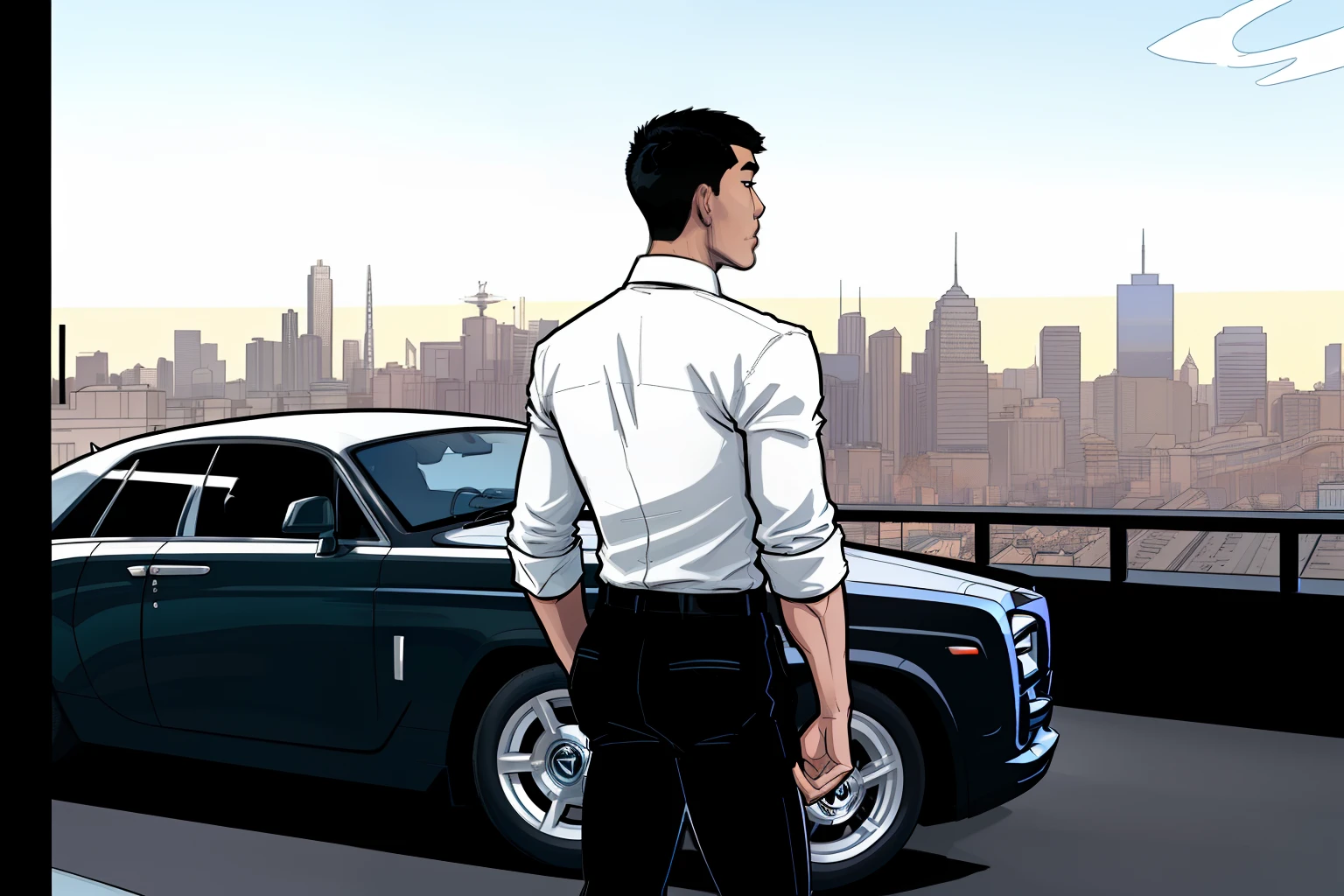 asian man, standing, outside, daytime, side view a black Rolls-Royce on background, city on background, buzz cut hair, black pants, shirt, white shirt, comic book style, flat shaded, prominent comic book outline linework