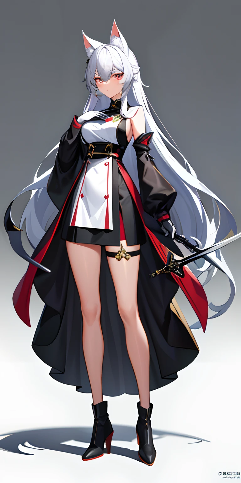 tmasterpiece，Best quality，1个Giant Breast Girl，独奏，looking at viewert，Keep one's mouth shut，mitts，shift dresses，black glove，Separate the sleeves，tmasterpiece， best qualtiy， high high quality， absurderes， Good lighting， Ray traching， depth of fields， ultra - detailed， illustratio， astounding， finedetail， The is very detailed， A high resolution， Medium Shot Shot， Static mirroring stream，red color eyes，Holding a black long sword，1girll， 独奏， long whitr hair，  looking at viewert， By bangs，  mitts， shift dresses， jewely，Poor milk，The legs are slender， long whitr hair， greyt hair， standing on your feet， 耳Nipple Ring， Boots， black glove， shift dresses， Chinese outfit， porcelain，elegant gown， hair stick， Separate the sleeves， hair adornments，White cat ears ，Vulnerable girls，Noble and proud， exteriors，  Lakeside in the moonlight，She has two kittens by her side