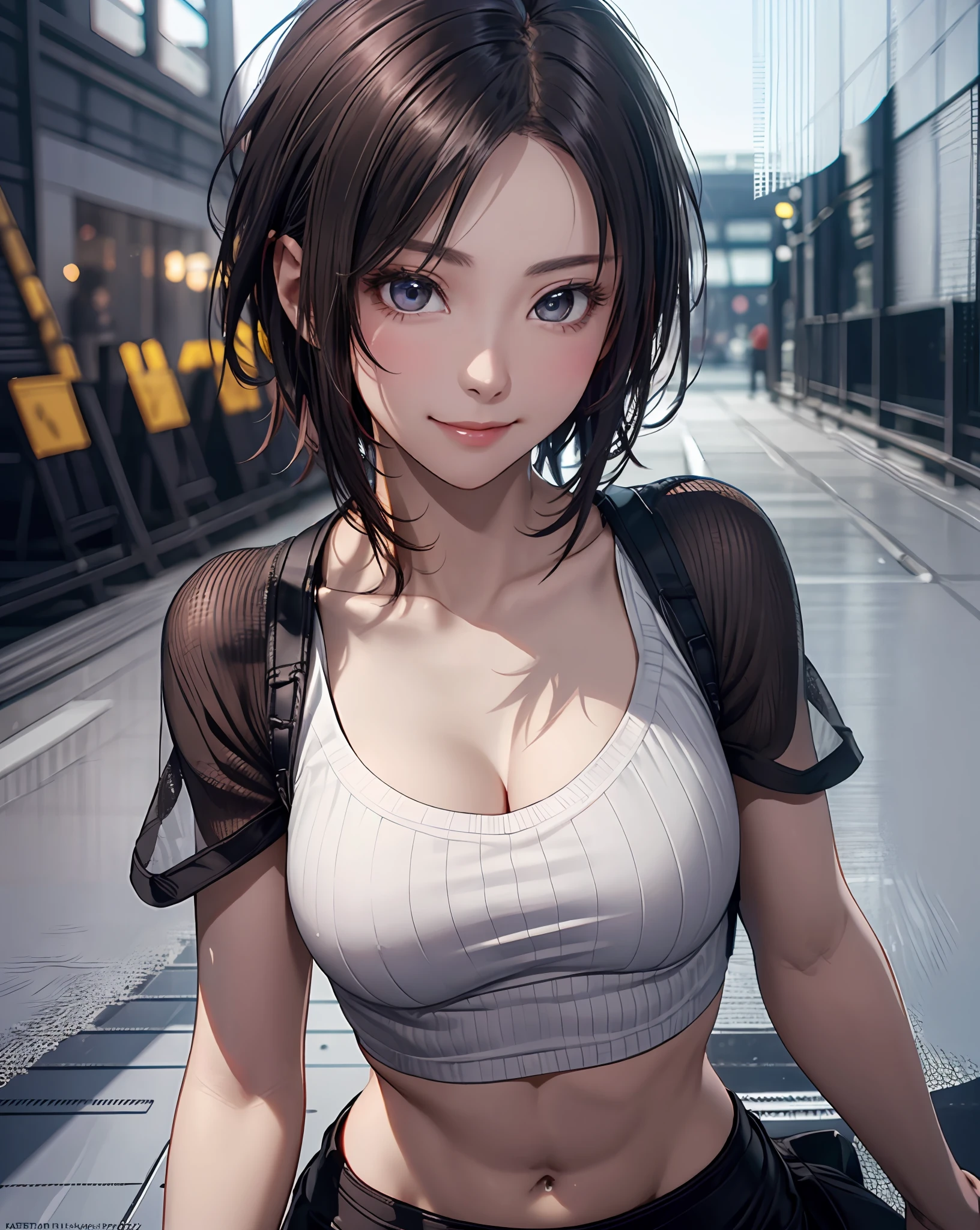 Best Quality, Ultra High Resolution, (Photorealistic: 1.4), Beautiful Eyes, Super Beautiful, Very Short Hair, Beautiful, Sweetheart, T-shirt with Rough Chest, Beautiful Soldier, Eyes That Invite Viewer, Lover's Perspective, Inviting Expression, Sexy Smile, Perfect Style, Perfect Balance, Detailed Skin, Naughty Gaze, Chest Visible