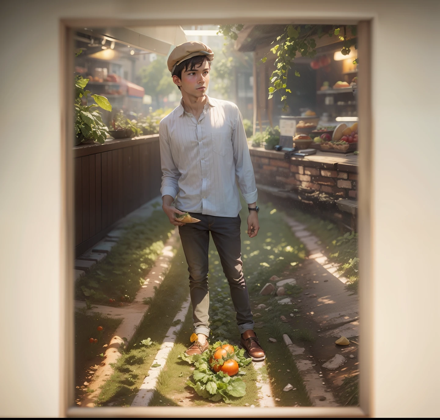 masterpiece, best quality, realistic, 1smart boy \(food, food focus,tomato, blurry, still life,burger, cup, lettuce, fruit, onion, bowl, depth of field, vegetable, blurry background, cheese\),