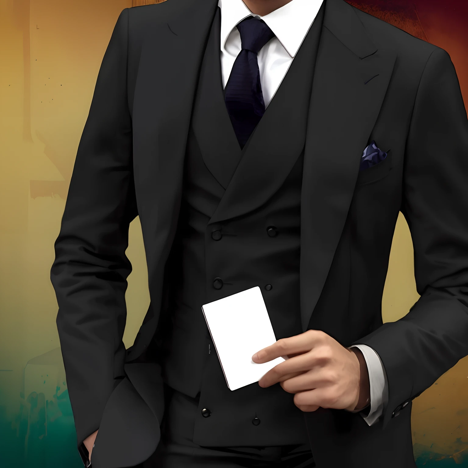 There's a man in a suit and tie holding a business card, homem no terno preto, vestindo um terno masculino elegante, Detalhe do assunto: vestindo um terno, vestindo um terno preto, Wearing Black Business Suit, 3-piece-suit, vestindo terno preto, wearing business suit, wearing a business suit, in a business suit, bonito e elegante, homem bonito