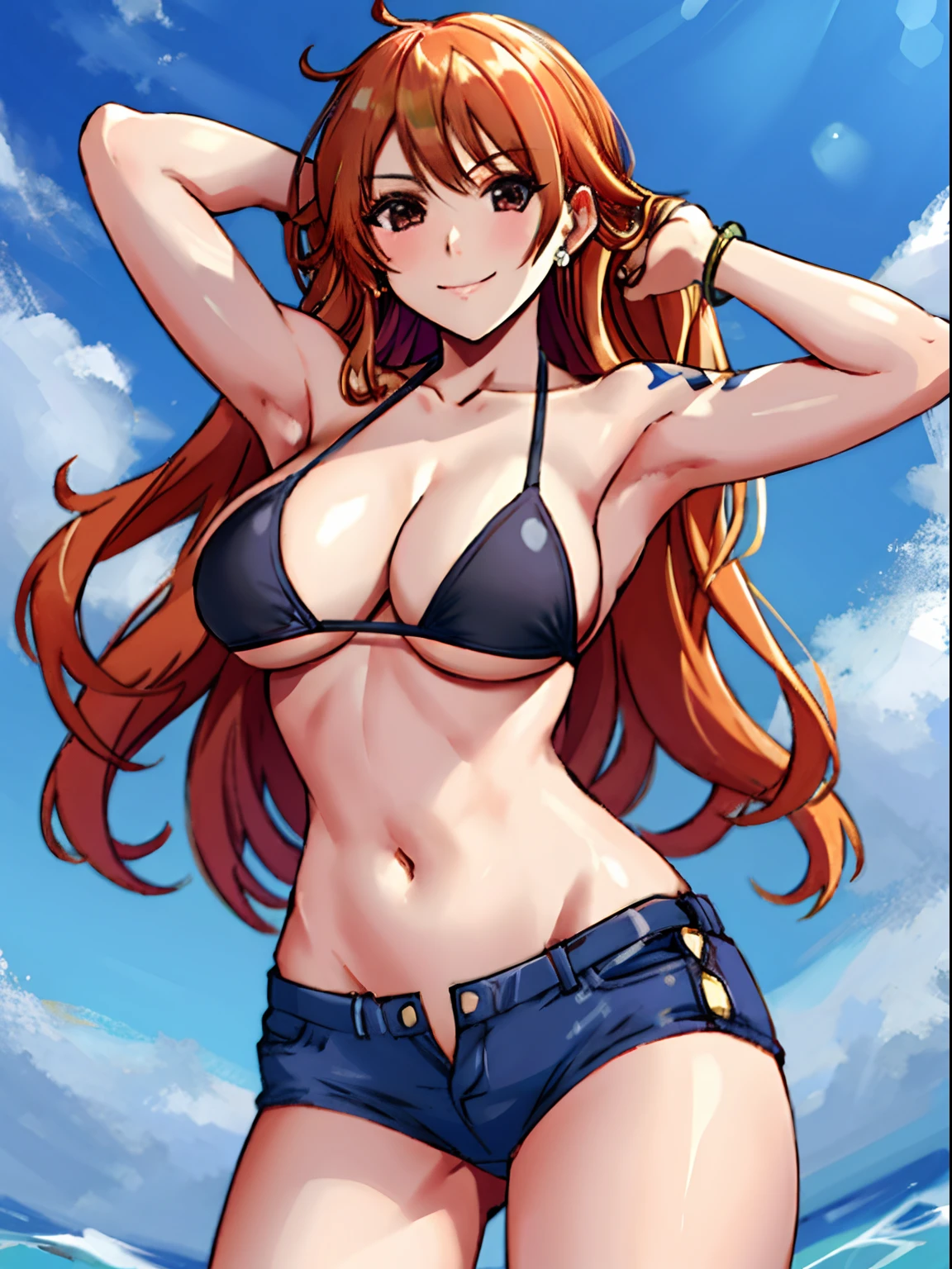 detailed background, masterpiece, 2k, center on face, nip slip, best quality, 1girl, solo, nami \(one piece\), 1girl, bangle, hands out of frame, detailed arms, strong arms, straightened arms, muscular body, flex muscles, seductive, wrestling outfit, bangs, bare shoulders, bikini, bikini top , bikini bottom, blue sky, breasts, brown eyes, bubble, cleavage, cloud, cowboy shot, day, micro black bikini pants, earrings, floating hair, black bikini, thong, groin, large breasts, long hair, looking at viewer, navel, orange hair, shoulder tattoo,  sky, smile, solo, standing, stomach, swimsuit, tattoo ,