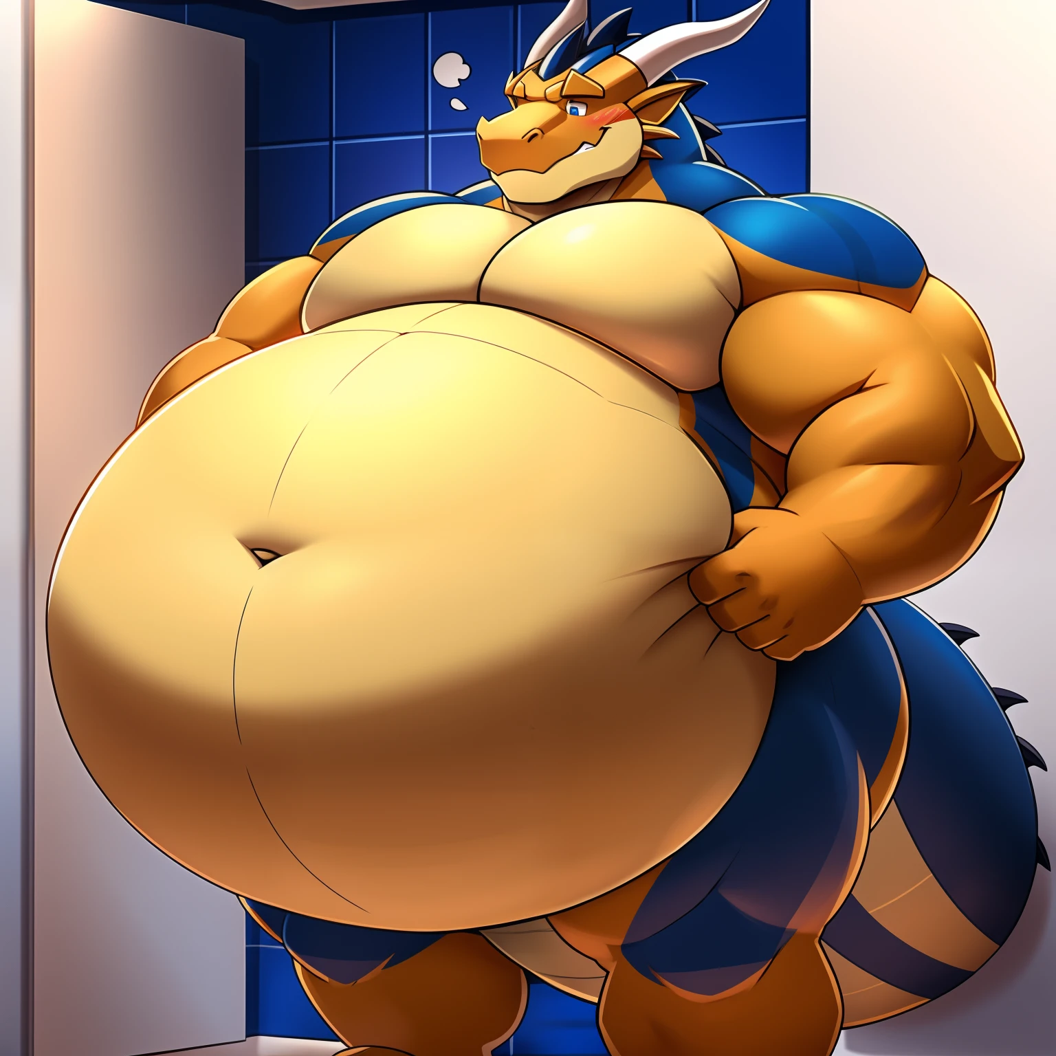 The dragon man's belly is oversized+The belly is huge and fat+Strong body+The belly is huge,The expression is embarrassed,The belly is huge, fat and swollen,The abdomen makes up two-thirds of the picture,standing in the bathroom,The belly is huge,fatness,bulking,Rounded+Huge fat swollen belly+The belly is huge, fat and swollen,The belly gets bigger+The belly is huge, fat and swollen+Super pot-bellied,full,Exaggerated pot-bellied
