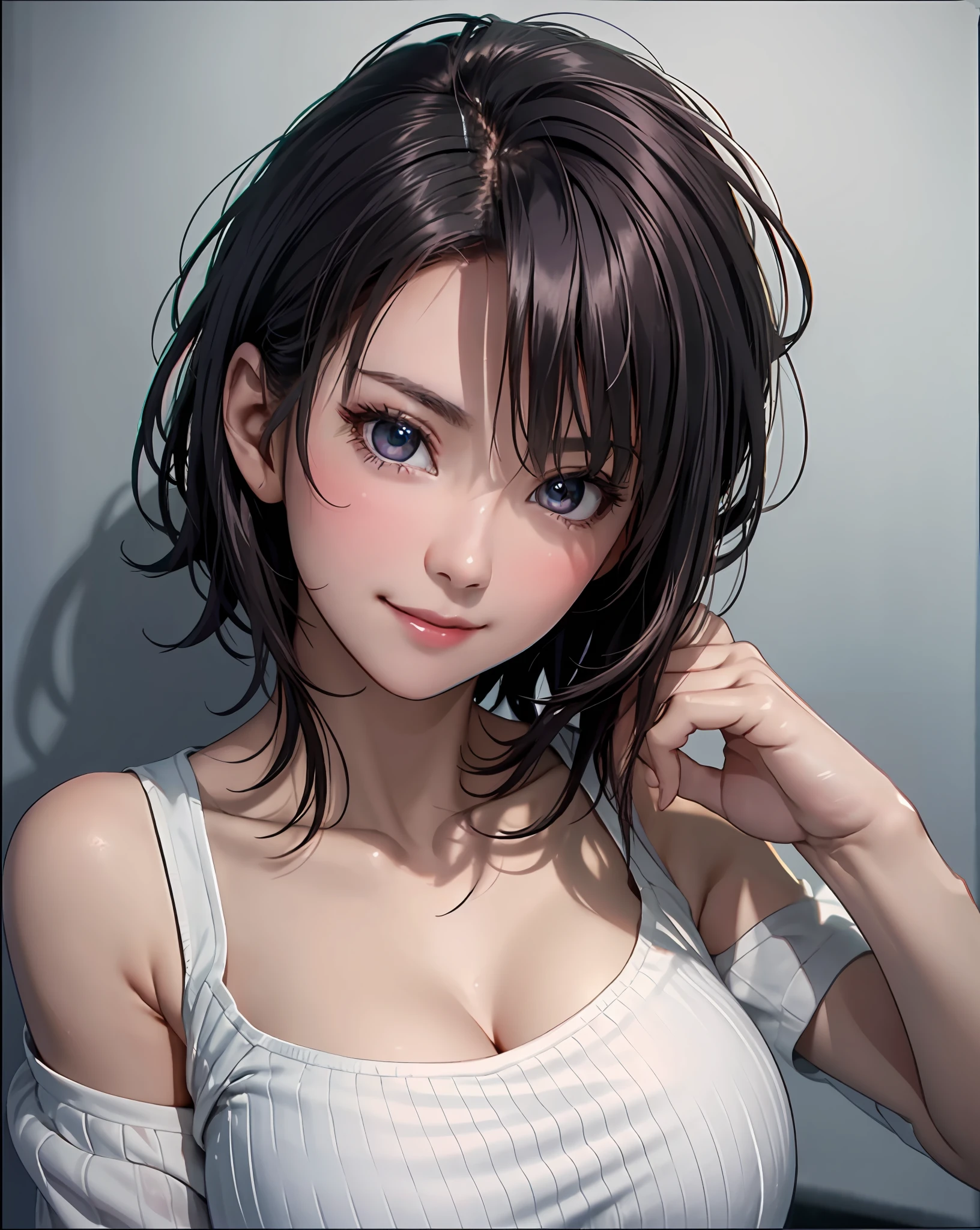 Best Quality, Ultra High Resolution, (Photorealistic: 1.4), Beautiful Eyes, Super Beautiful, Very Short Hair, Beautiful, Sweetheart, T-shirt with Rough Chest, Beautiful Soldier, Eyes That Invite Viewer, Lover's Perspective, Inviting Expression, Sexy Smile, Perfect Style, Perfect Balance, Detailed Skin, Naughty Gaze, Chest Visible
