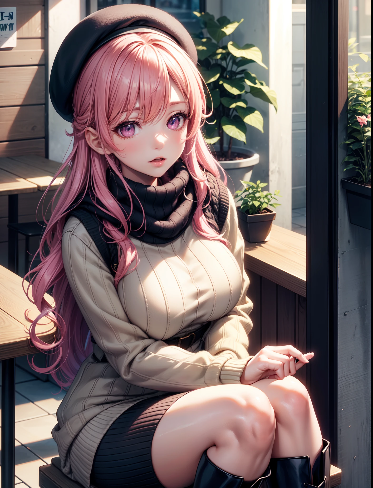 4k, ,Lens flare, pink hair ,mascara, eyeliner, god rays, 4k, 8k, best quality, masterpiece, hyper detailed, intricate detail, 1girl, solo, detailed, Detailed fuchsia hair ++, detailed pink eyes ++, raytracing, perfect shadow, highres, enhanced eyes, huge breasts, horns, seductive, hyper detailed, Whispers of Desire: In a quiet corner of a chic café, an anime girl leans in close to her date, sharing secrets and stories that spark desire. Her voice carries a tantalizing edge that leaves her date captivated.Embracing the cozy atmosphere of the café, the anime girl wears a chunky knit sweater over a knee-length skirt and patterned tights. She pairs the outfit with knee-high boots and a warm scarf. Loose Waves with Beret:
The anime girl's hair cascades in loose waves, adding a touch of effortless charm. She wears a beret slightly tilted to one side, framing her face and giving her a cozy yet stylish appearance. plants and tables in the background with other customers, horns ++, on a date