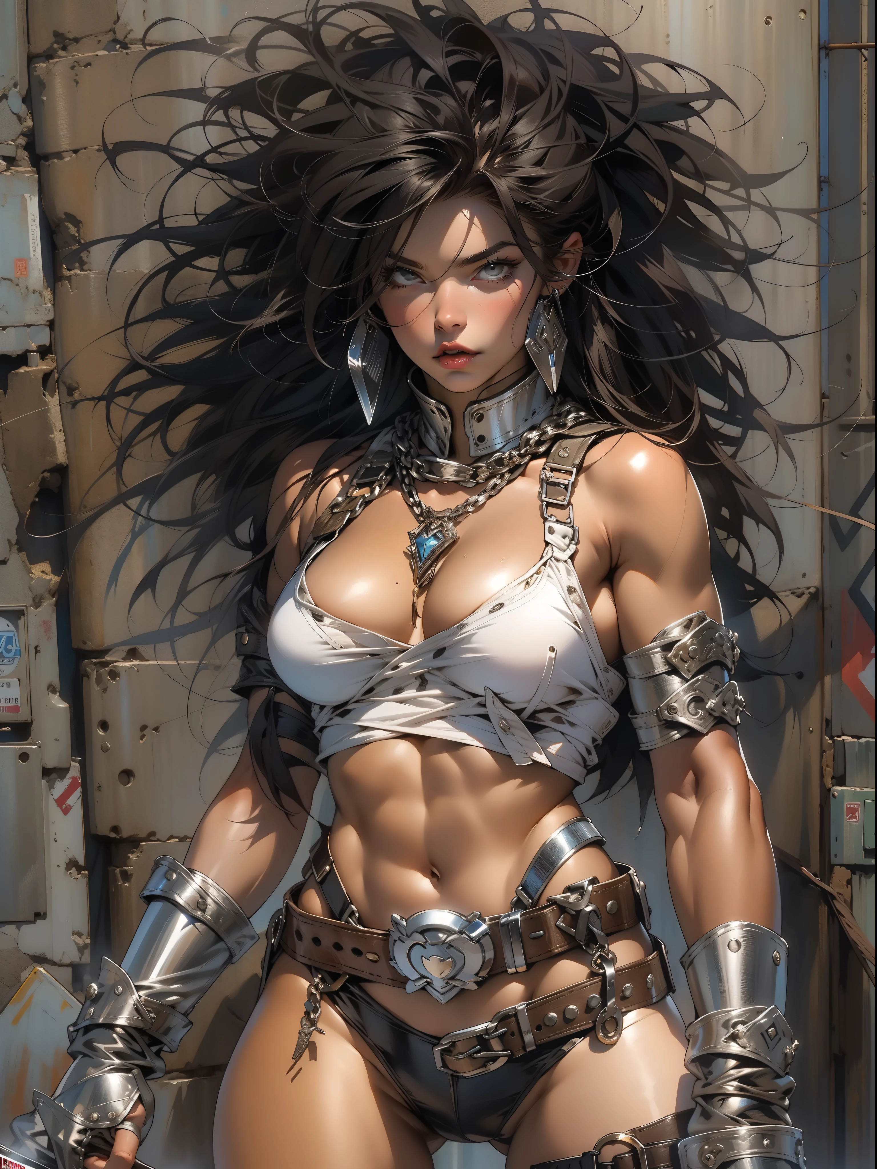 close de uma guerreira mulher de 35 anos musculosa quase nua no estilo Simon Bisley para a capa da revista Heavy Metal, cabelo metade preto metade branco, Minimum clothing, Roupas curtas, (((mulher))), (((melhor qualidade))), (((obra prima))), (((adulta))), Uma guerreira mulher de 35 anos com corpo perfeito, Brooklyn Gladiators, hand with steel gloves and metal tips, (( under boobs )), (( Tiny thong )), quase nua no estilo selvagem urbano de Simon Bisley para a capa da revista 2000 A.D., cabelo curto desalinhado, Minimum clothing, arm with heavy metal protection full of tips, tatuagem tribal, estrelas de 5 pontas, (((corpo inteiro))), cabelo preto curto com franja branca cobrindo a testa