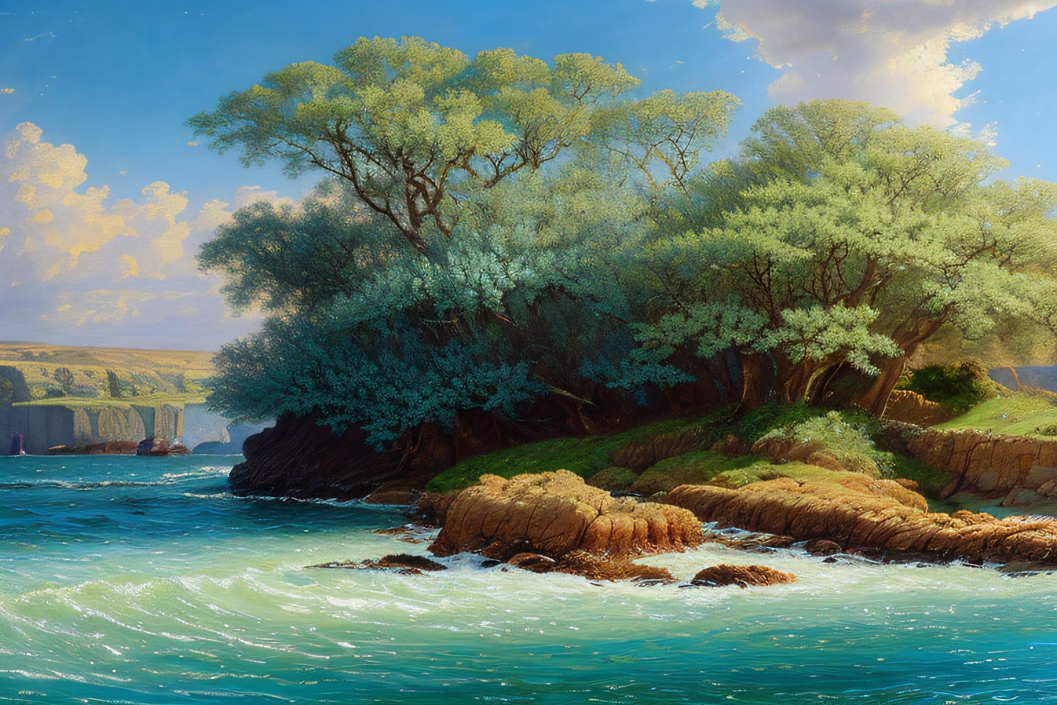 paysage mer, mer eau bleu profond , fleurs, (Highly detailed CG Unit 8k wallpaper), The most beautiful work of art in the world, Professional majestic oil painting, complexe, High detail, mise au point nette, dramatique, Art of photorealist painting, Alma Tadema
