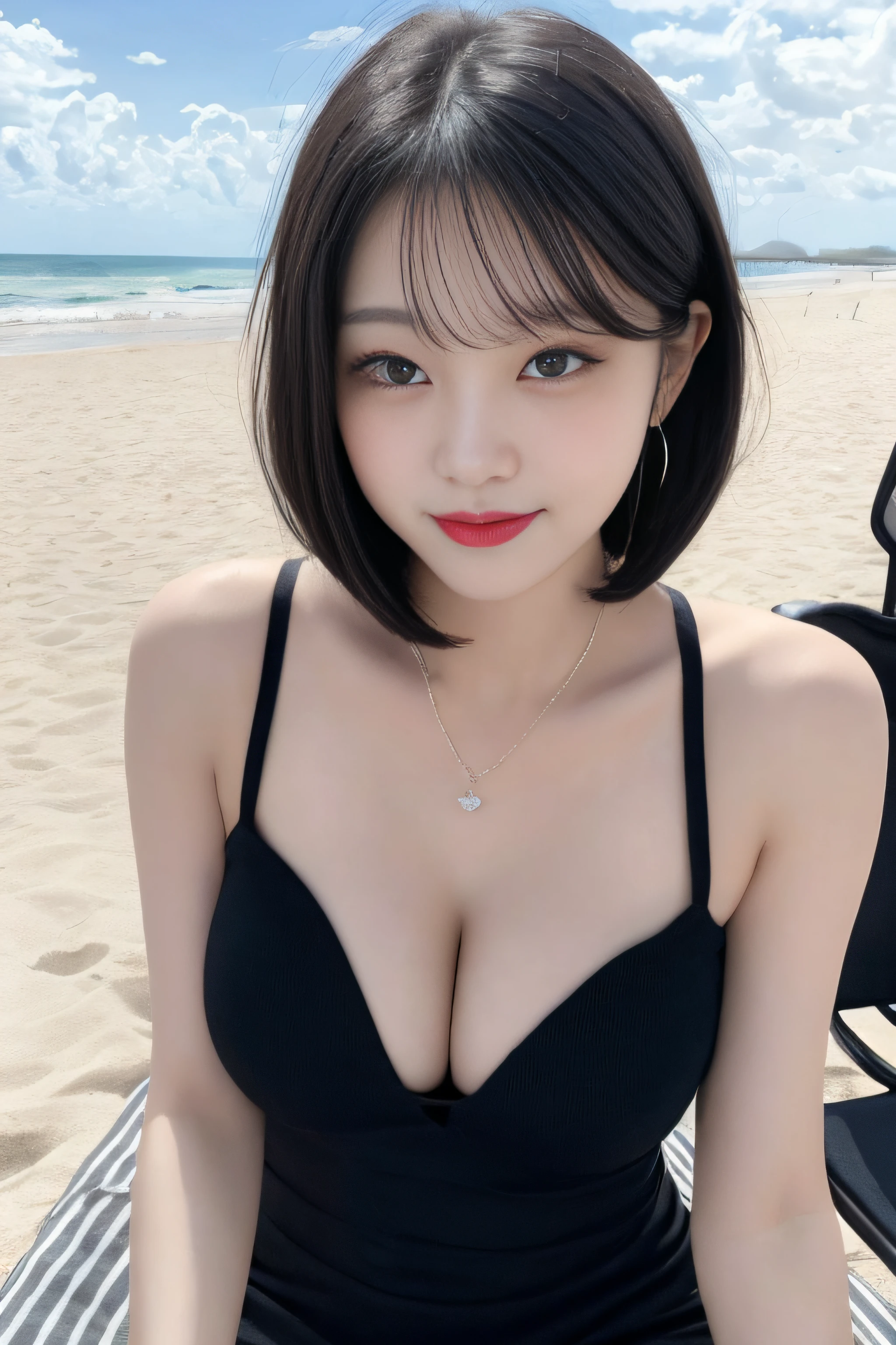 Best image quality, RAW photos, super high resolution, smile, 17-year-old Korean, very big breasts, cleavage, black hair, bob cut, short cut, aligned bangs, sexy formal dress, beautiful eyes, very thin lips, beautiful eyes in details, slender eyes, dark blush makeup, long eyelashes, beautiful double eyelids, eyeshadow, beautiful navel, beautiful abs, beautiful ribs, beautiful and thin legs, Very thin thighs, earrings, necklaces, beautiful armpits, beautiful beach, use beach chairs