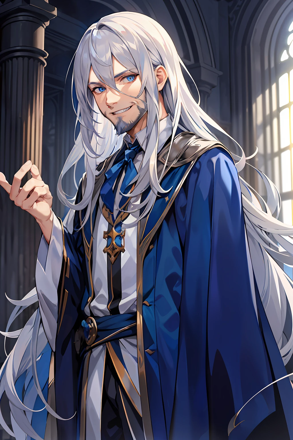 1male, long hair, silver hair, evil smile, blue eyes, blue robes, medieval, mansion, messy hair, adult, silver beard, upper body focus
