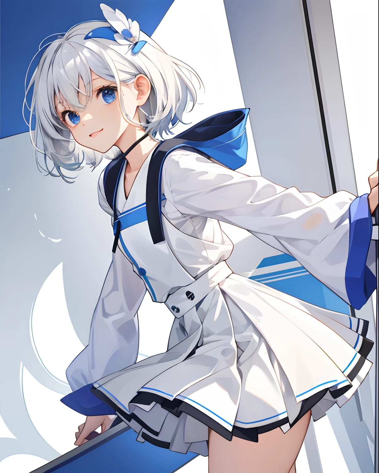 Female body.The cute and cute shape is a white-haired loli wearing a student outfit, Her face flushed slightly, Lowered his head, Her hand was picking at the corner of her skirt