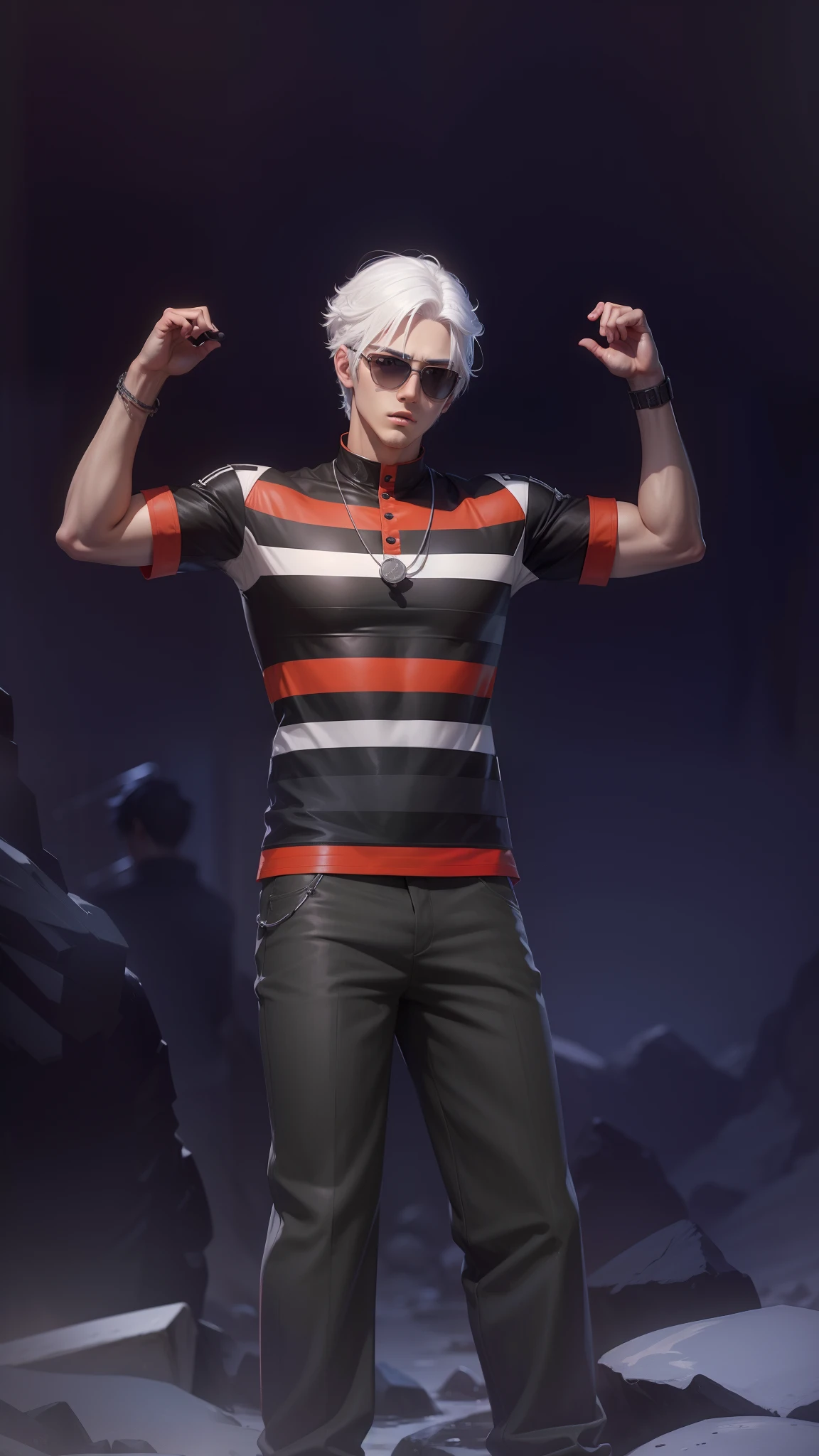 Anime, realistic, 1boy handsome, Korea, white hair, 4k quality, Wear sunglasses