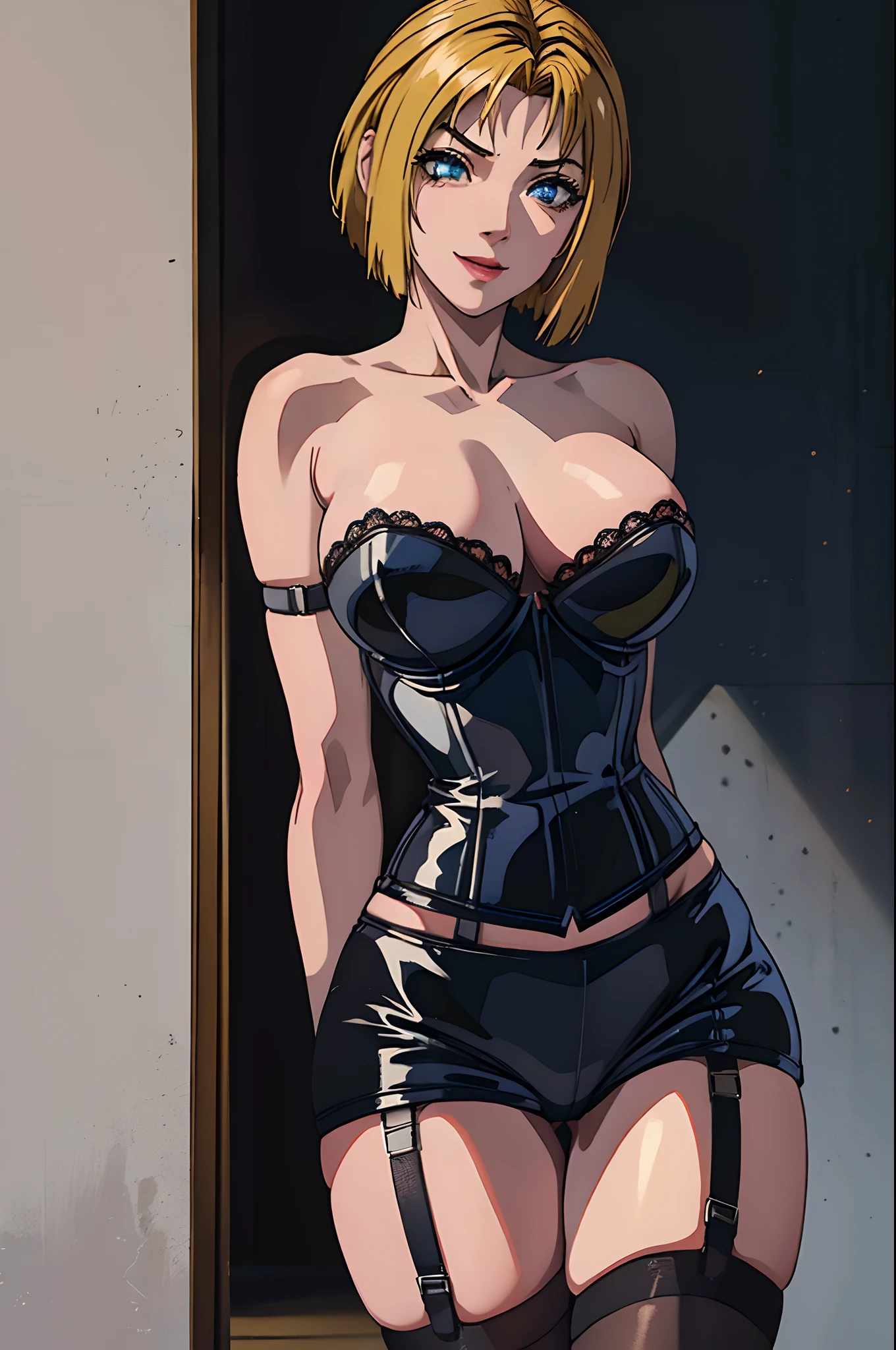 Bible black, Reika Kitami, short blond hair, dominant black leather corset, stockings with garter belts, mischievous face, extremely detailed face and eyes, office background, absurdes, beautiful shadow and dim lighting