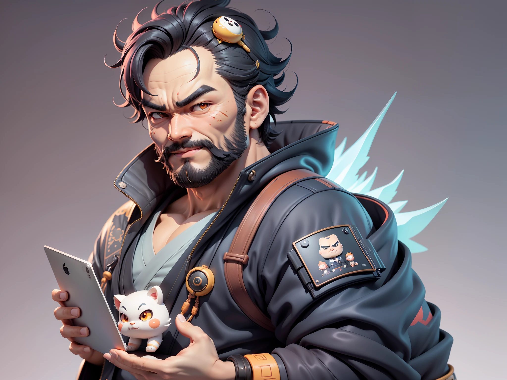 (Daisaku),(Need),(Super meticulous),(full bodyesbian:1.2),Super young man with Japanese geisha，Beautiful，orient，one tiger，Aeolian Thor，Raised sexy，爆乳，Oriental face，TV Anchor，Bust portrait illustration，In black suit，a blue tie，The face is slightly chubby，The face was clean，without a beard，Black super short hair，Black eyes，Smile confidently，3C computer sub-products，iPad， iphone，Digital painting，3D character design by Mark Clairen and Pixar and Hayao Miyazaki and Akira Toriyama，The illustration is a high-definition illustration in 4K resolution，With very detailed facial features and cartoon-style visuals。