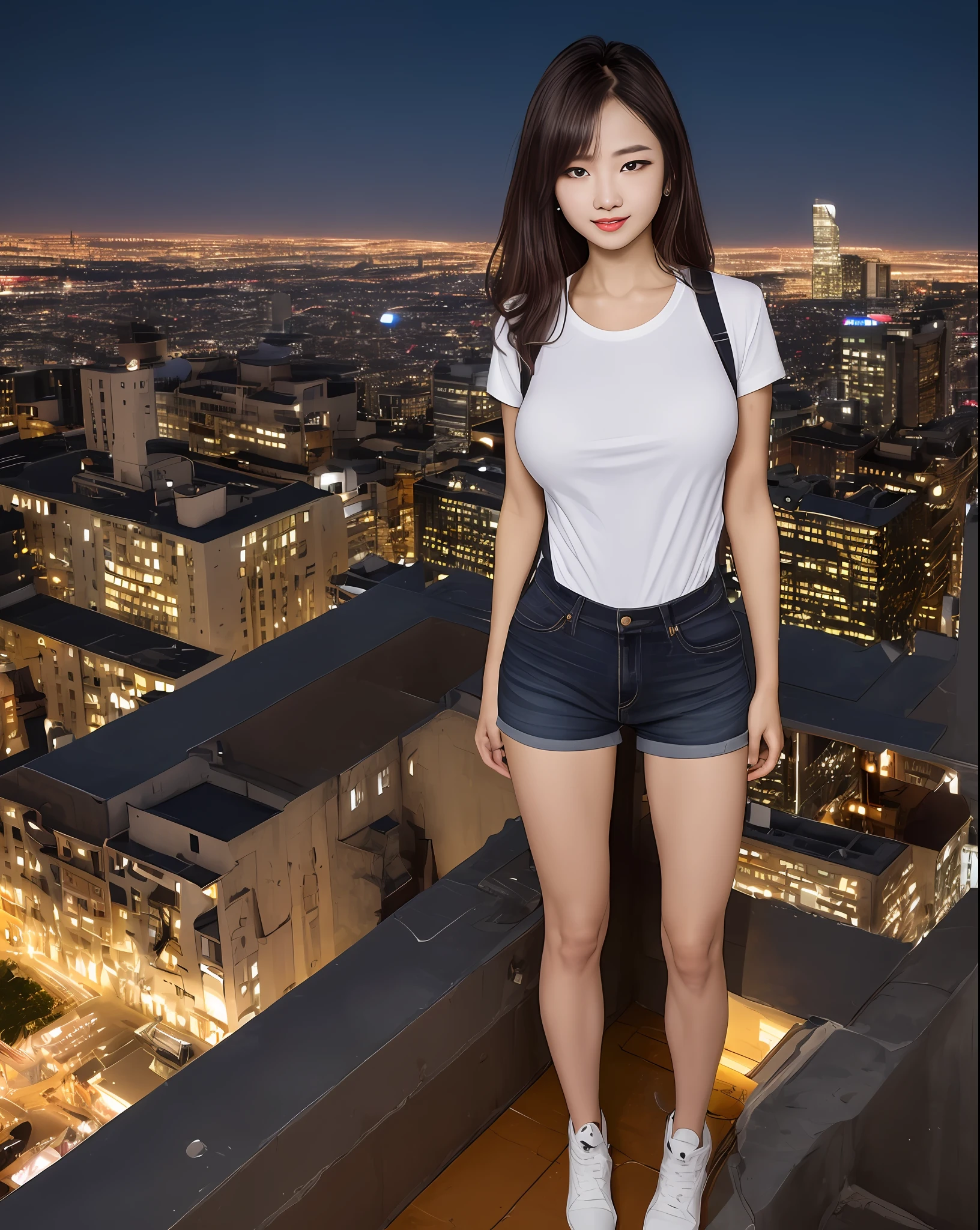((Midnight, Best quality, 8k, Masterpiece :1.3)), Whole body, Long legs, Sharp focus :1.2, A pretty woman with perfect figure :1.4, Slender abs :1.1, ((Dark brown hair, Big breasts :1.2)), (White tight tshirt, Jean bib, Standing:1.2), ((Night city view, Rooftop:1.3)), Highly detailed face and skin texture, Detailed eyes, Double eyelid