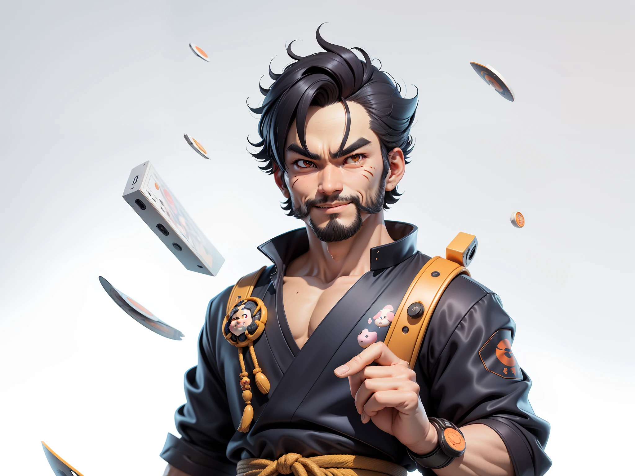 (Daisaku),(Need),(Super meticulous),(full bodyesbian:1.2),Super young man with Japanese geisha，Beautiful，orient，one tiger，Aeolian Thor，Raised sexy，爆乳，Oriental face，TV Anchor，Bust portrait illustration，In black suit，a blue tie，The face is slightly chubby，The face was clean，without a beard，Black super short hair，Black eyes，Smile confidently，3C computer sub-products，iPad， iphone，Digital painting，3D character design by Mark Clairen and Pixar and Hayao Miyazaki and Akira Toriyama，The illustration is a high-definition illustration in 4K resolution，With very detailed facial features and cartoon-style visuals。