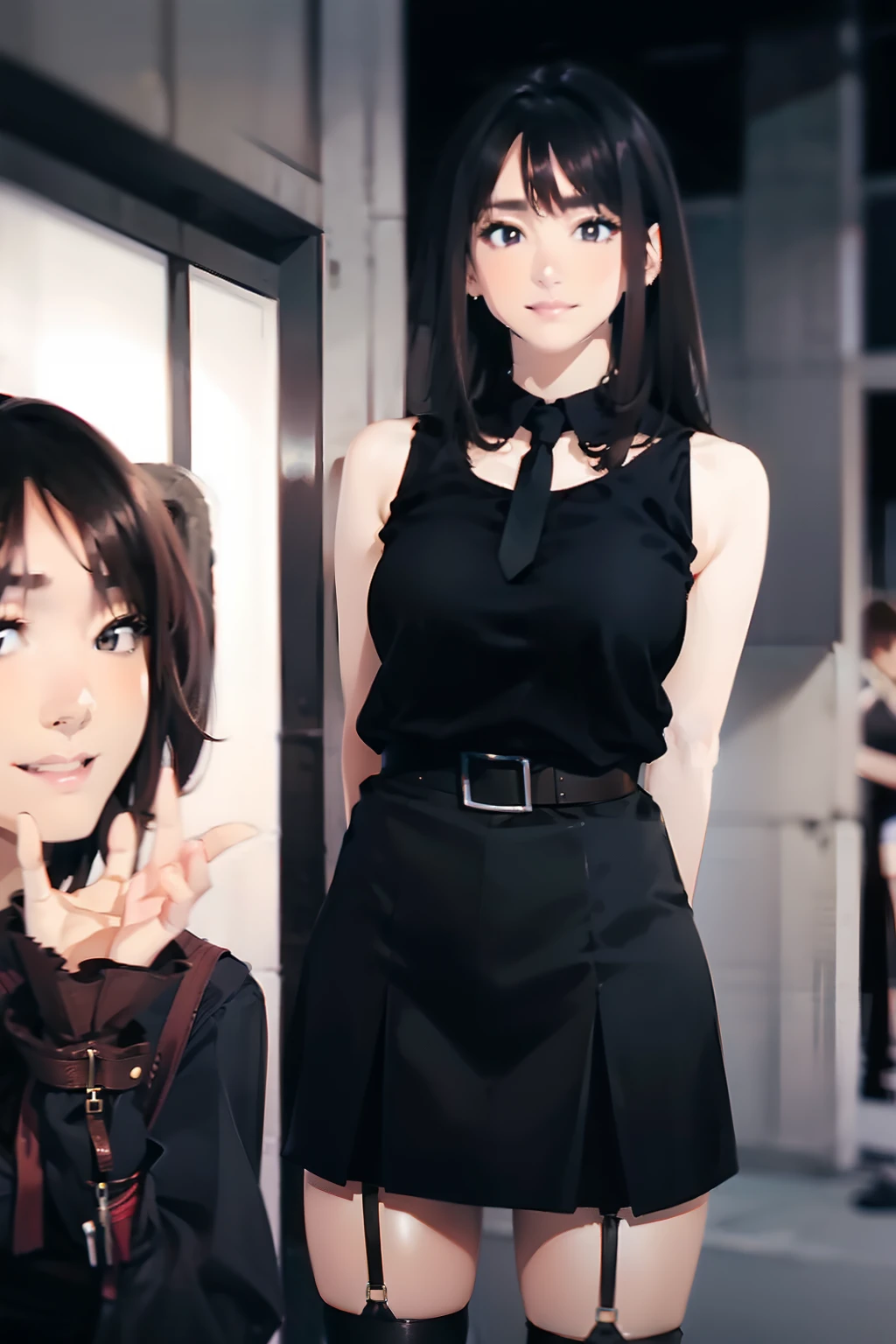 a black skirt　neck tie　Black tank top　　　　　　　Brown hair　long　Gray eyes　　holster　　Garter belt on the legs 　　　　large full breasts　　Fold your hands behind your back　　Colossal tits　Pichi Pichi clothes