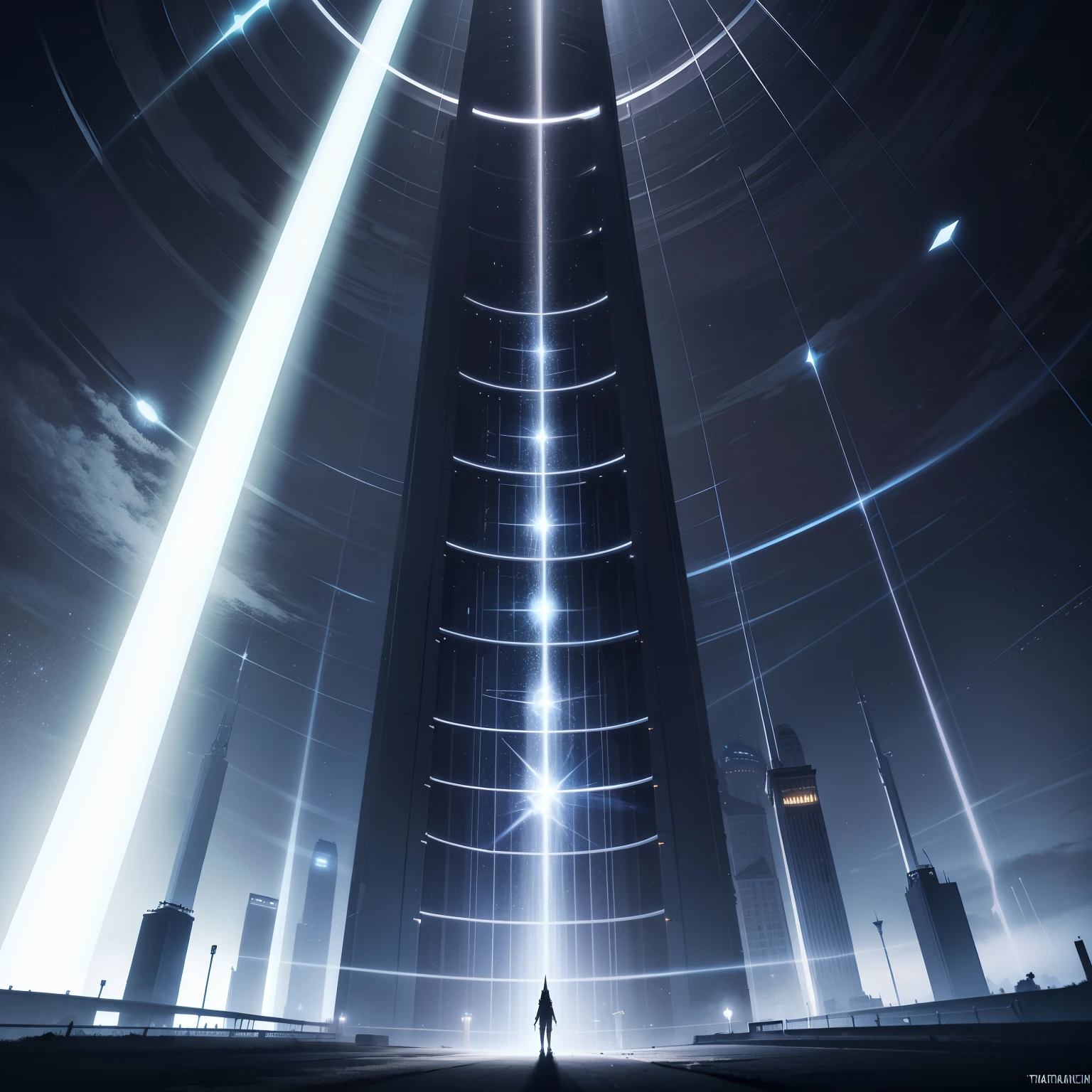 Huge tower of light,White light ,Pulsed beam,goth style,nigth,dynamic scene,Ray traching,in a panoramic view
