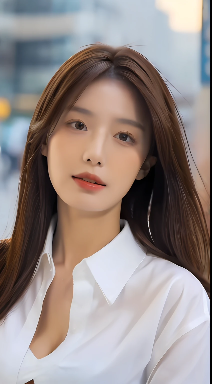 ((Best quality, 8k, Masterpiece :1.3)), Sharp focus :1.2, A pretty woman with perfect figure :1.4, Slender abs :1.2, ((Dark brown hair, Big breasts :1.2)), (White button up long shirt :1.1), City street:1.2, Highly detailed face and skin texture, Detailed eyes, Double eyelid