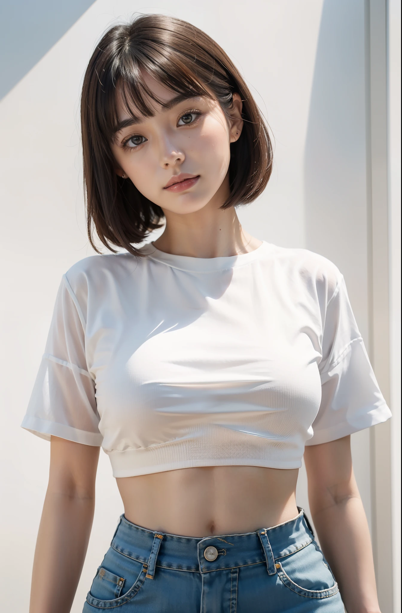 (Original photo: 1.2), (Realistic: 1.4), (Masterpiece: 1.3), (Best quality: 1.4), Dreamy, (detailed eyes), (detailed facial features), (detailed clothing features), Skin tightness, (Shiny skin), (Japanese face), (Perfect Girl), 1 Girl, Solo, Cute, Bangs, Short brown hair, Black eyes, (Big breasts), ((Shirt)), Dynamic pose, (Kodak Film Color) ((Camera not visible)) , (Studio Light) ,(crop top:1.3)