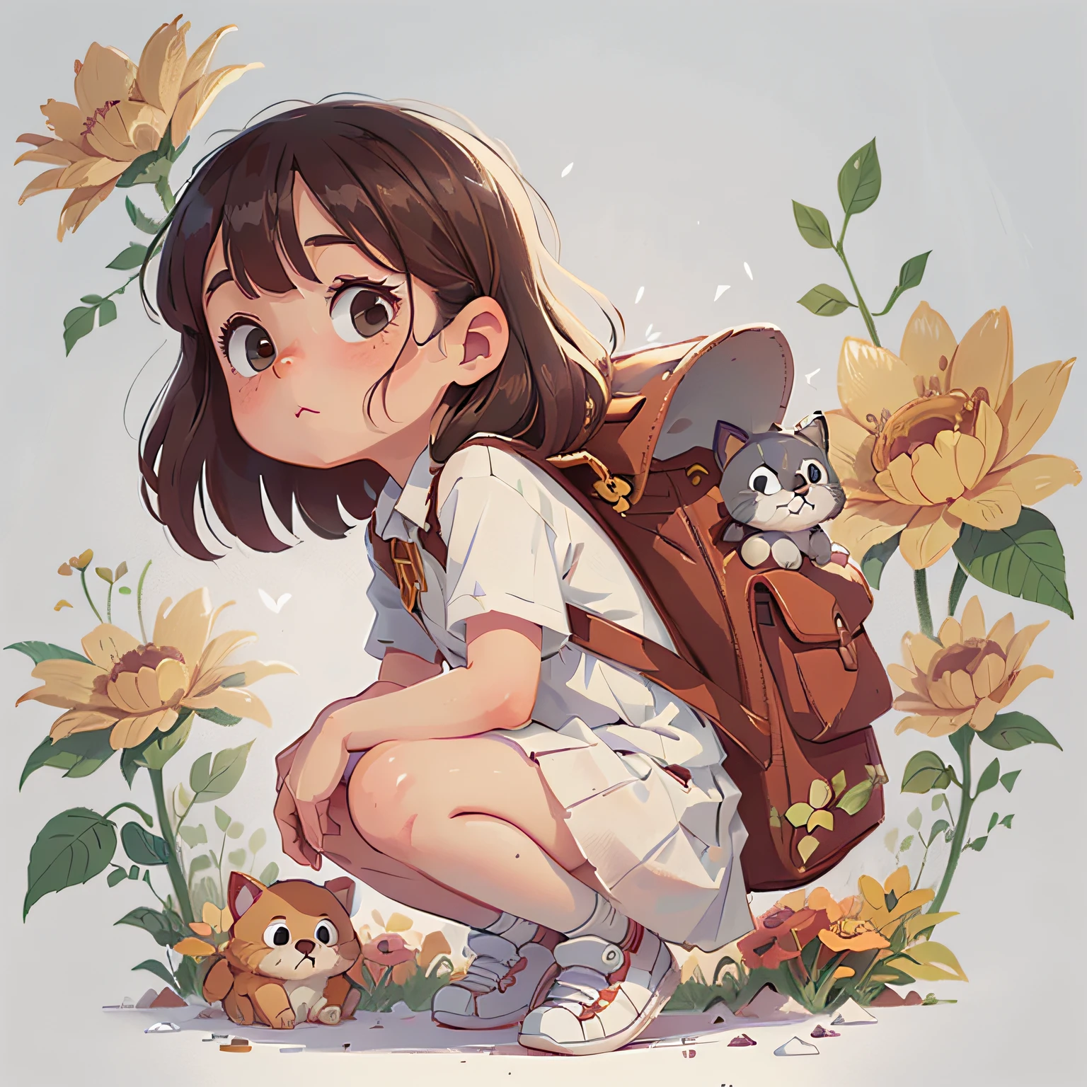 A very charming little girl with a backpack and her adorable puppy enjoying a lovely spring outing surrounded by beautiful  flowers and nature.
outline art for kids coloring book page
 The illustration is a high-definition illustration in 4K resolution with highly detailed facial features and cartoon-style visuals.  Kids Kids coloring pages, full white, kids style, white background, whole body, Sketch style, full body (((((white background))))), only use outline., cartoon style, line art, coloring book, clean line art, white background, Sketch style