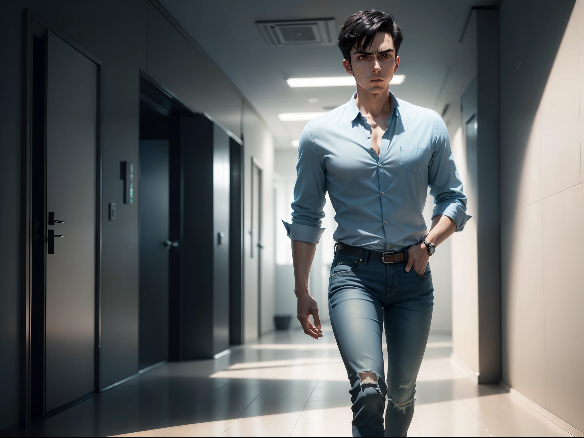 Ultra-realistic 8k image of a slim 25-year-old man, short black hair, dressed in a light blue blouse and jeans, expression of anguish, walking on an empty floor