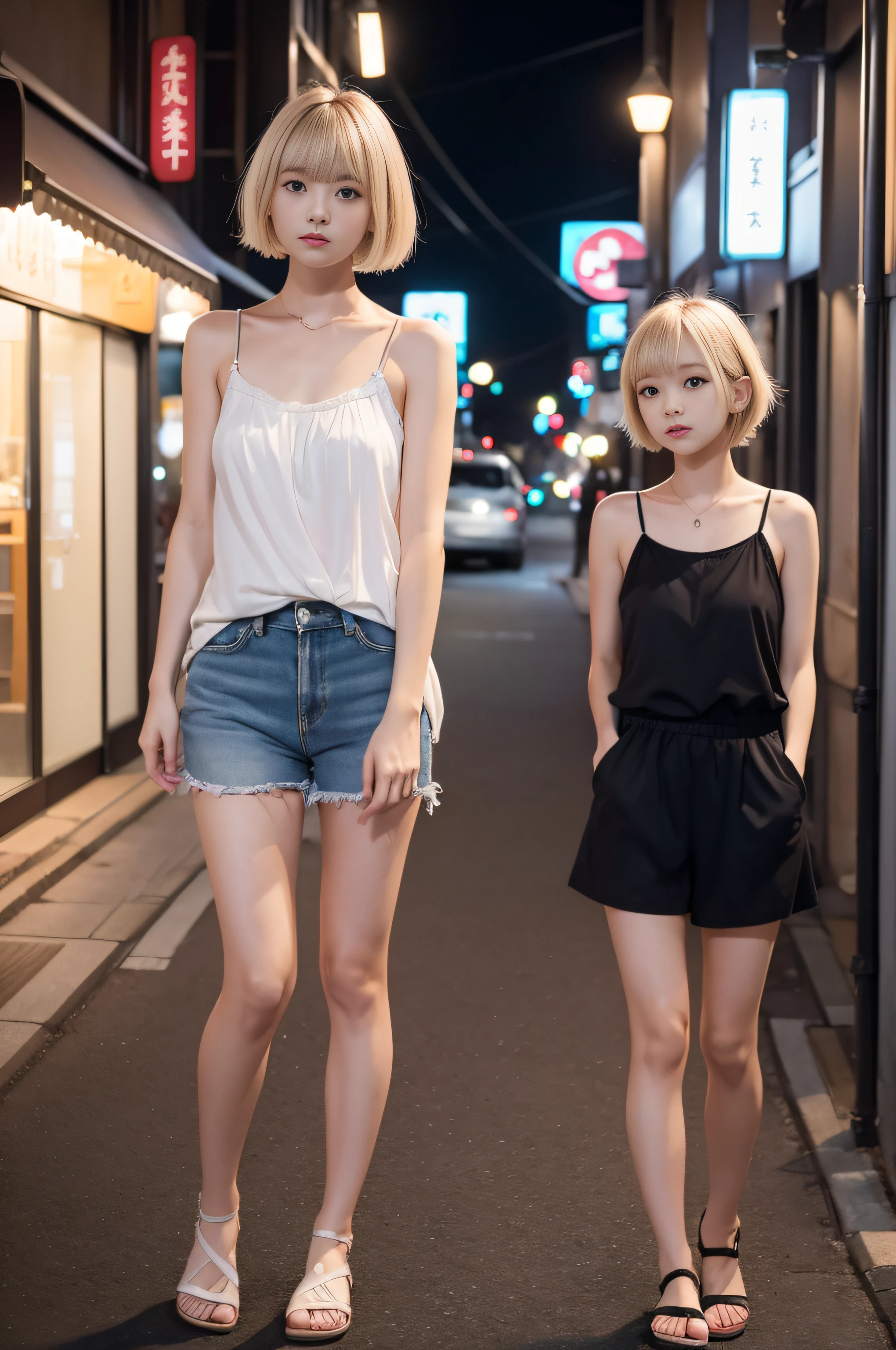 Cute girl in Japan in a camisole, Princess cut and bangs on short pastel blonde hair, In the downtown area at night、Perfect Anatomy, Centered, near perfect, Dynamic, Very detailed, Smooth and sharp focus, Full body shot, 8K, masutepiece, Fine details, Rich colors, Intricate details