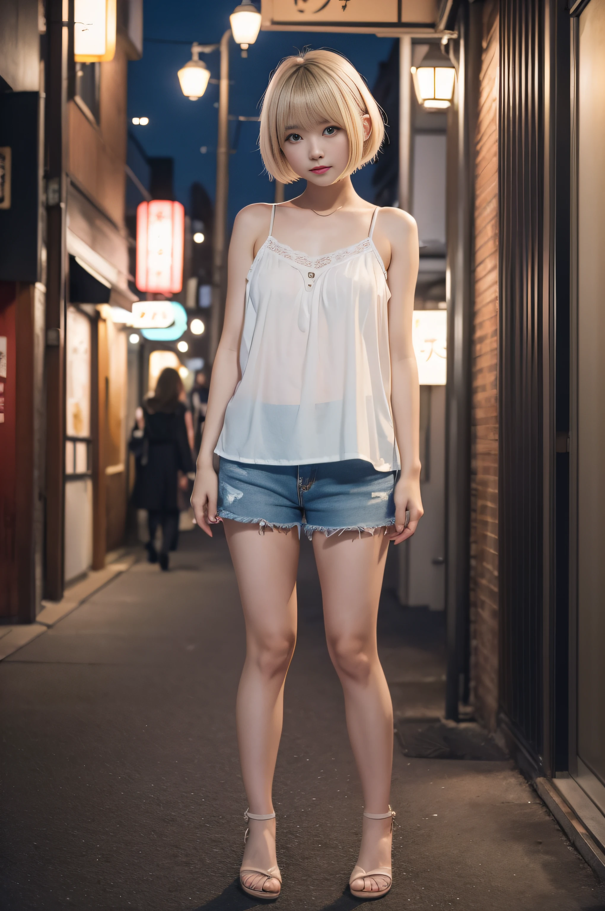 Cute girl in Japan in a camisole, Princess cut and bangs on short pastel blonde hair, In the downtown area at night、Perfect Anatomy, Centered, near perfect, Dynamic, Very detailed, Smooth and sharp focus, Full body shot, 8K, masutepiece, Fine details, Rich colors, Intricate details