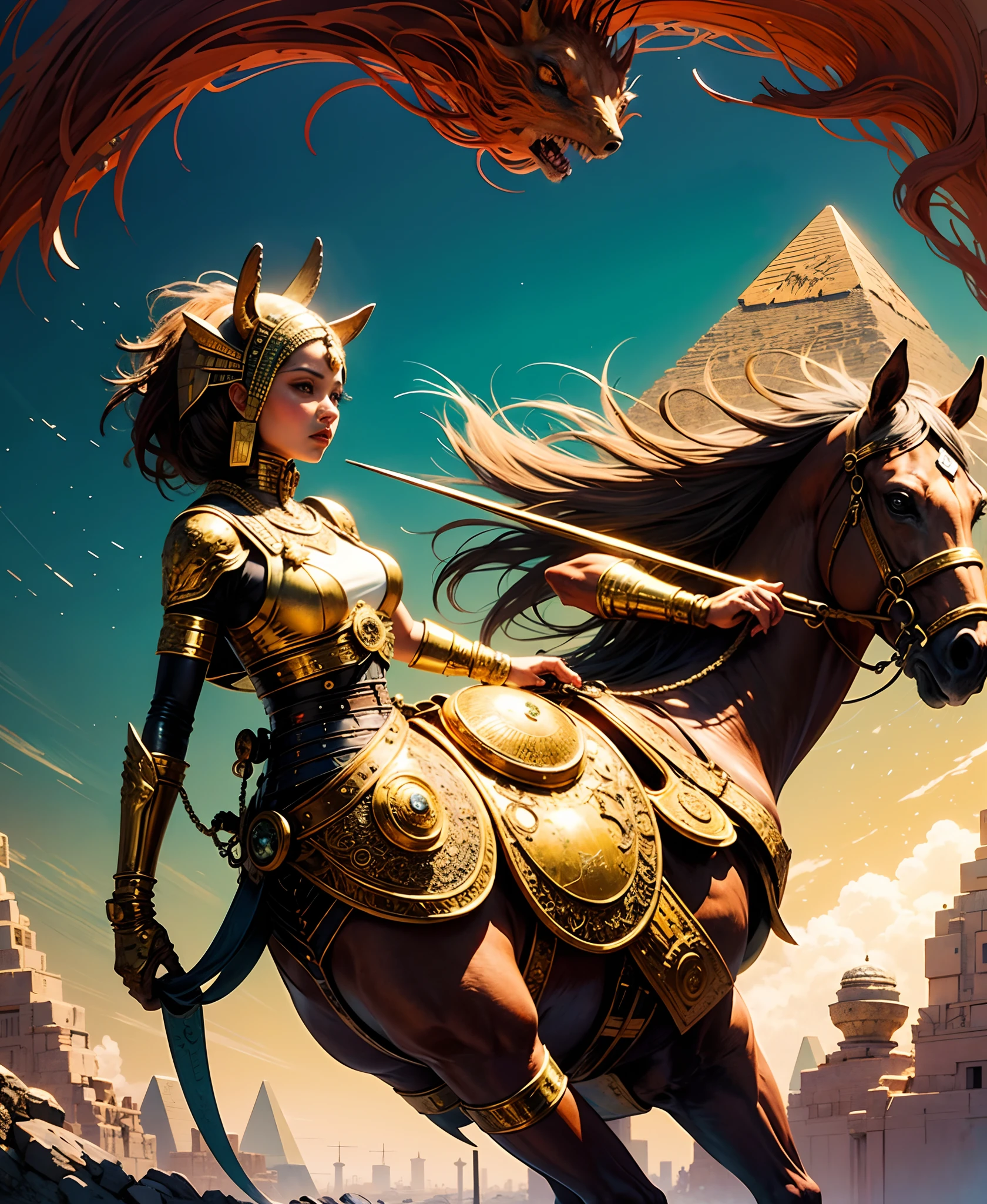 A princess wears an intricate flowing gilded vest,Ride a beautiful red horse,On the vast desert,In the distance is an Egyptian pyramid,(Ink painting style,Clean colors,Ink style,blend,decisive cutting,A white space:1.3),unarmed,Sublime shape,highly detailed,Epic composition,HighestQuali,antiquarian